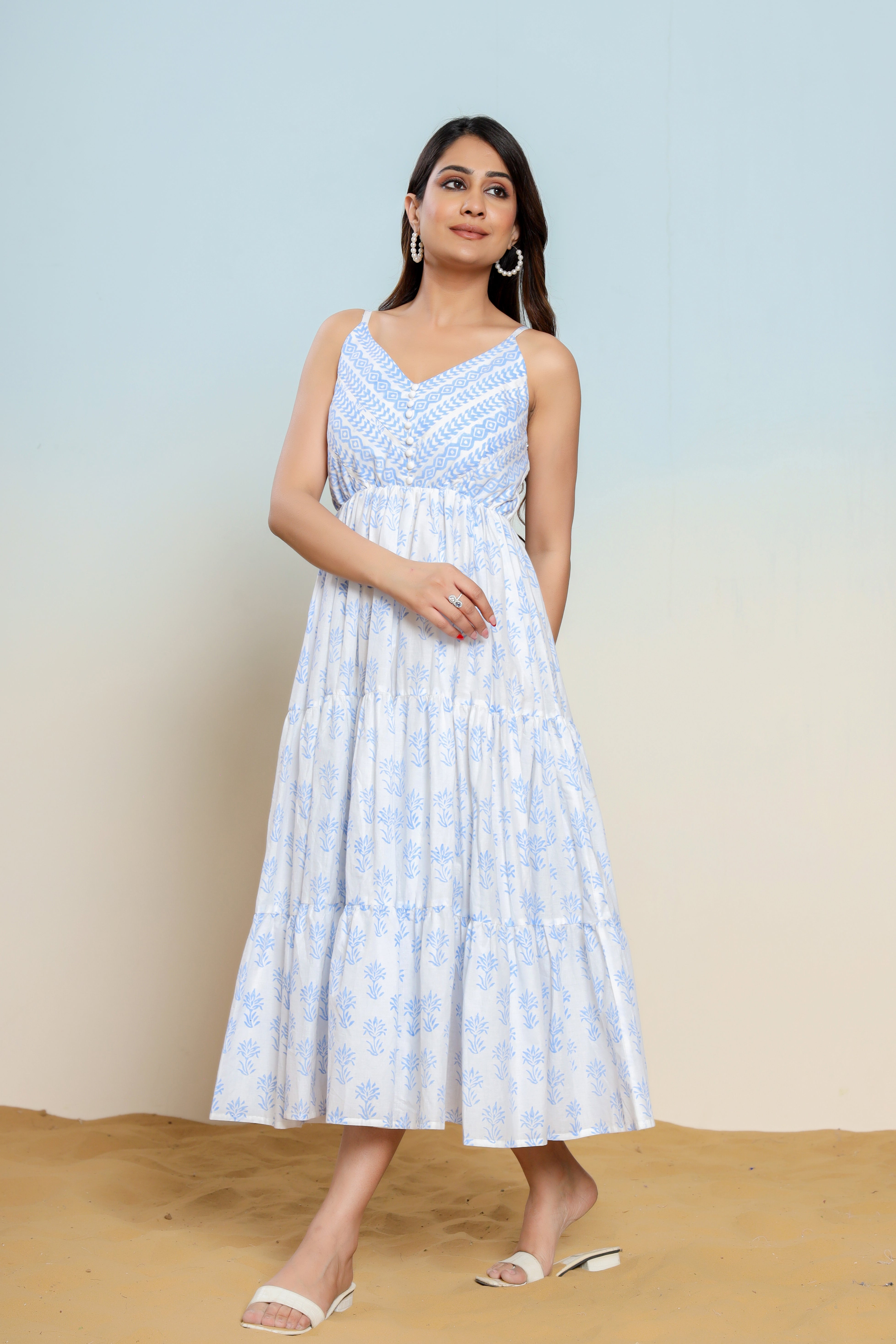 Powder Blue and White Printed Cotton Maxi Dress