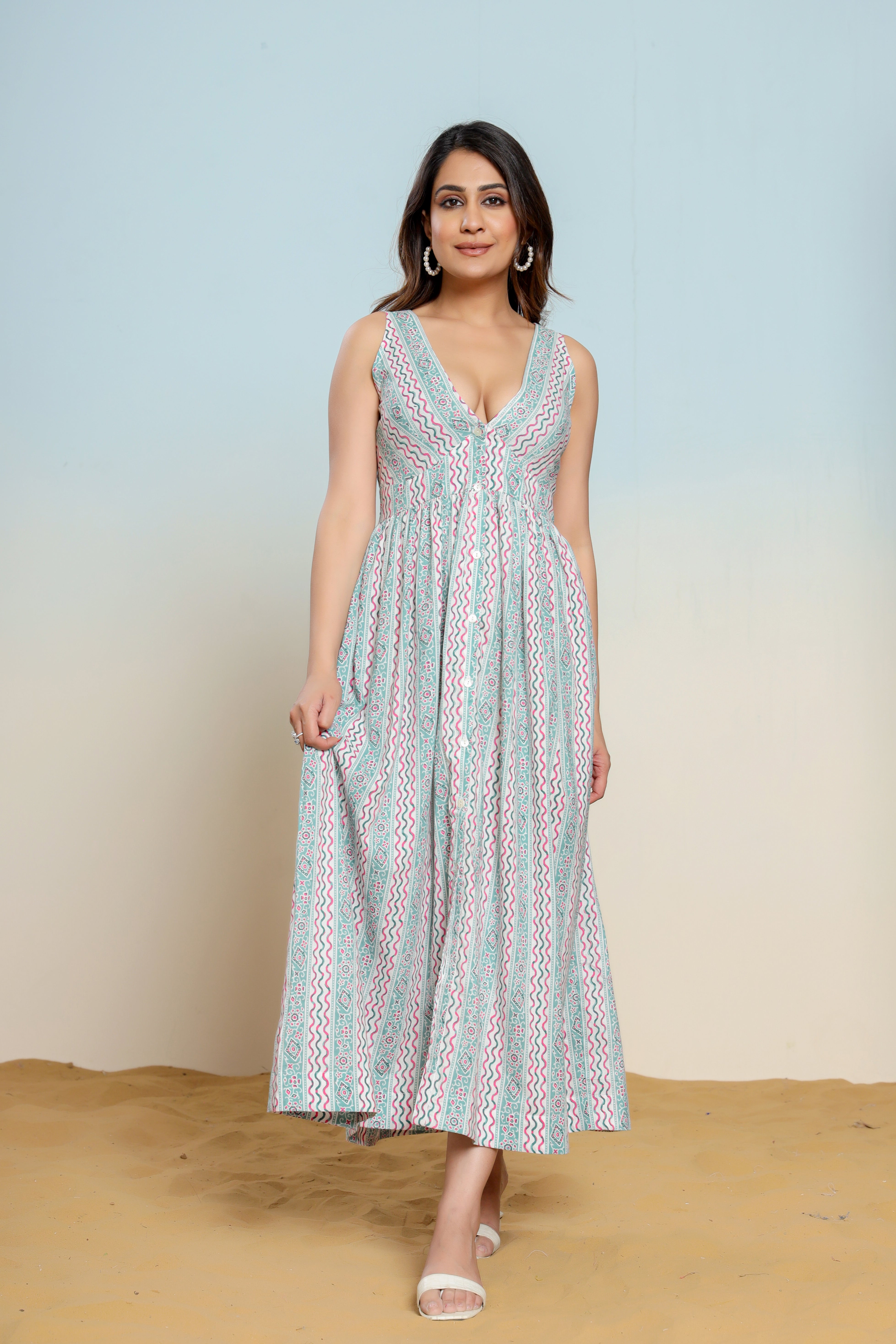 Whispering Blue Hand Block Printed Cotton Midi Dress