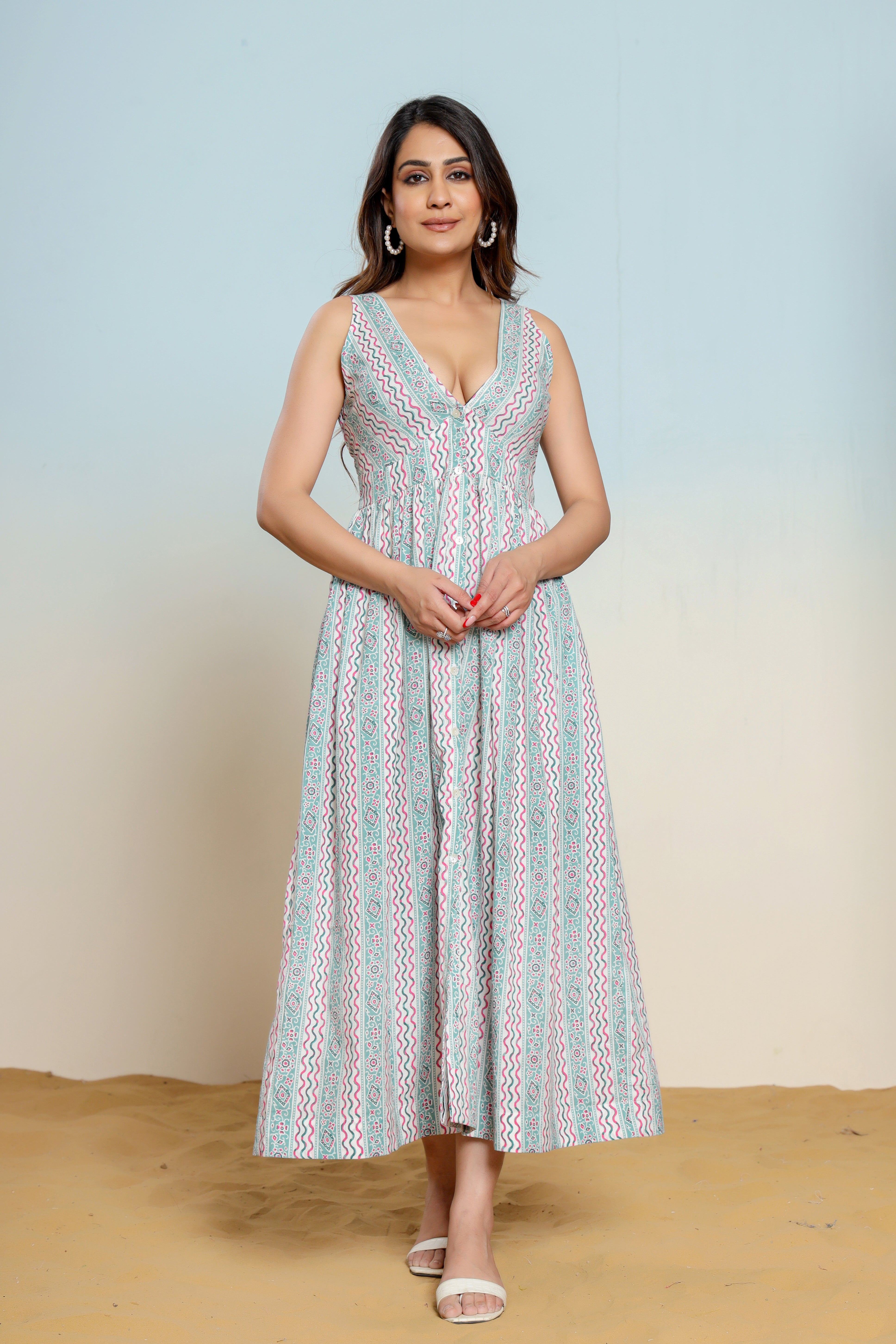 Whispering Blue Hand Block Printed Cotton Midi Dress - By Ragavi - qivii