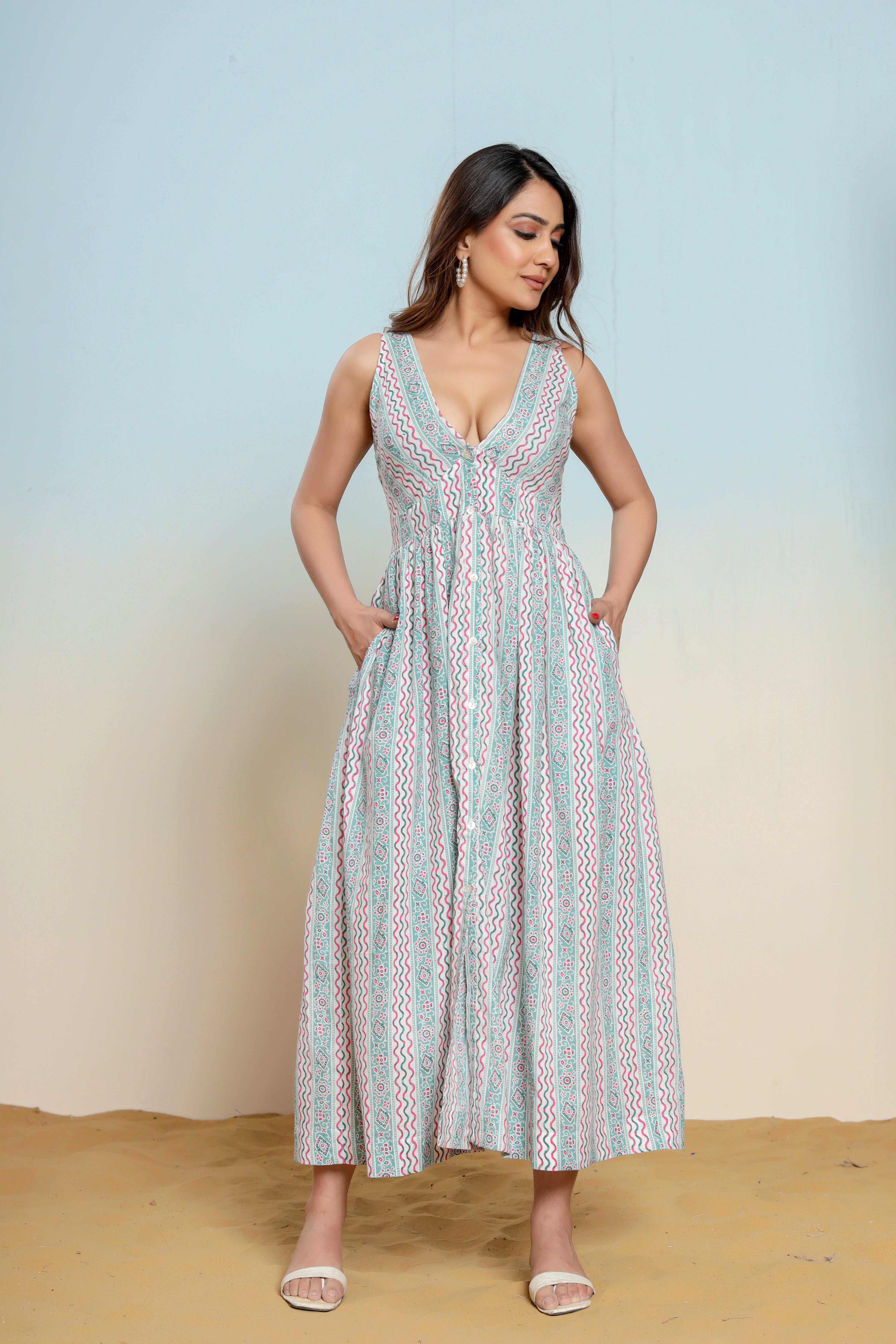 Whispering Blue Hand Block Printed Cotton Midi Dress - By Ragavi - qivii