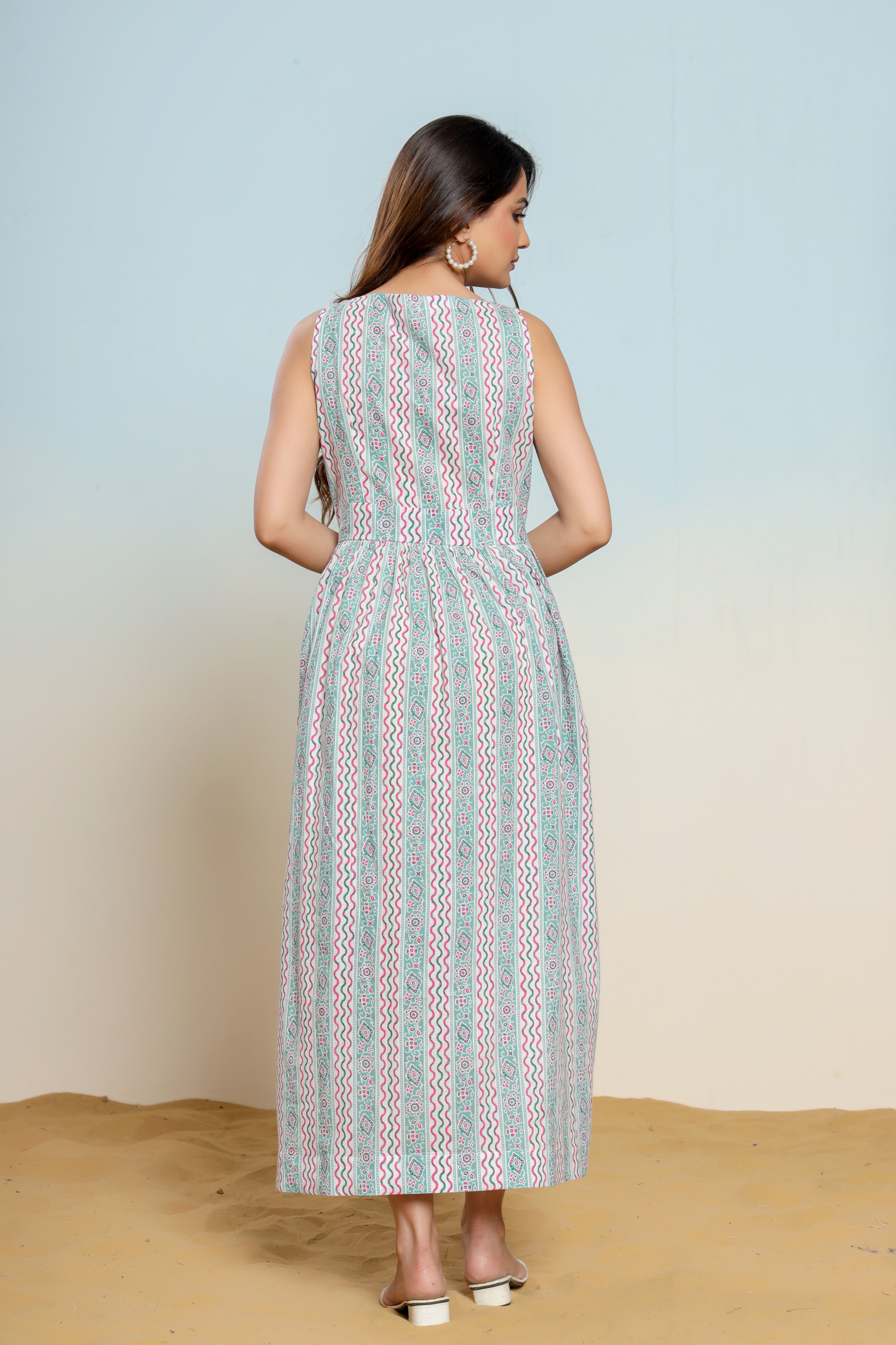 Whispering Blue Hand Block Printed Cotton Midi Dress - By Ragavi - qivii