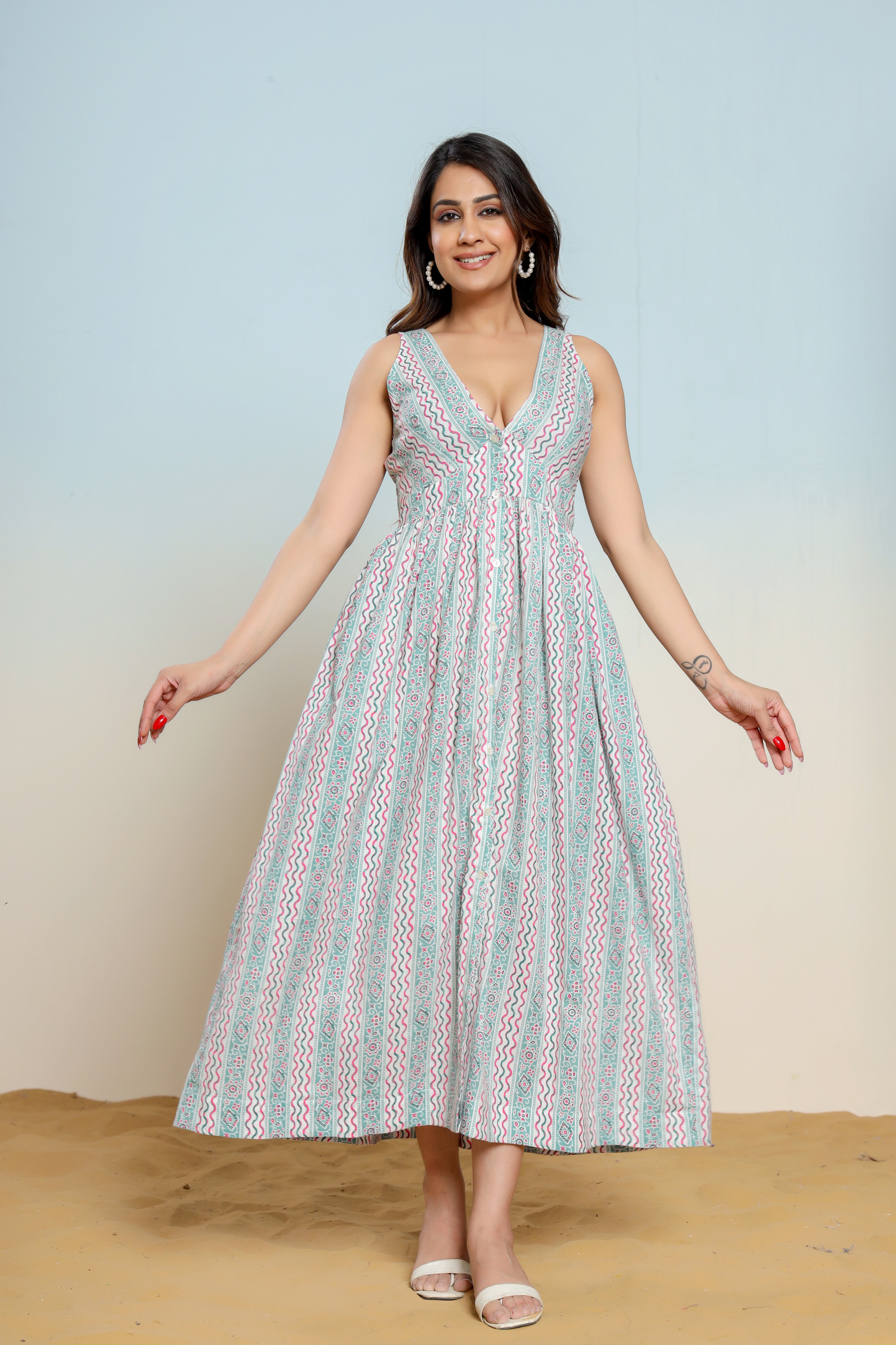 Whispering Blue Hand Block Printed Cotton Midi Dress