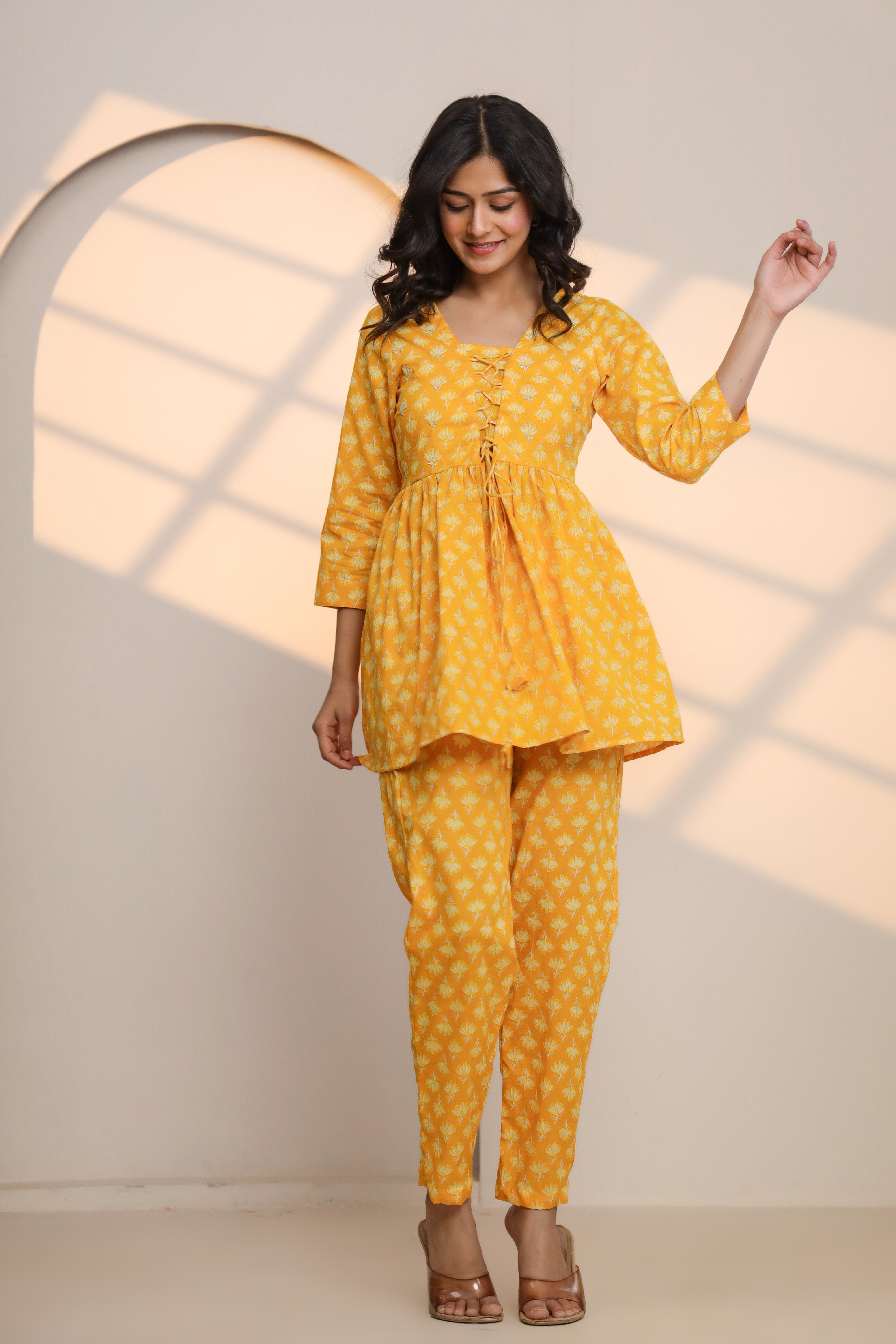 Yellow Cream Cotton Hand Block Printed Co- Ord Set - By Ragavi - qivii