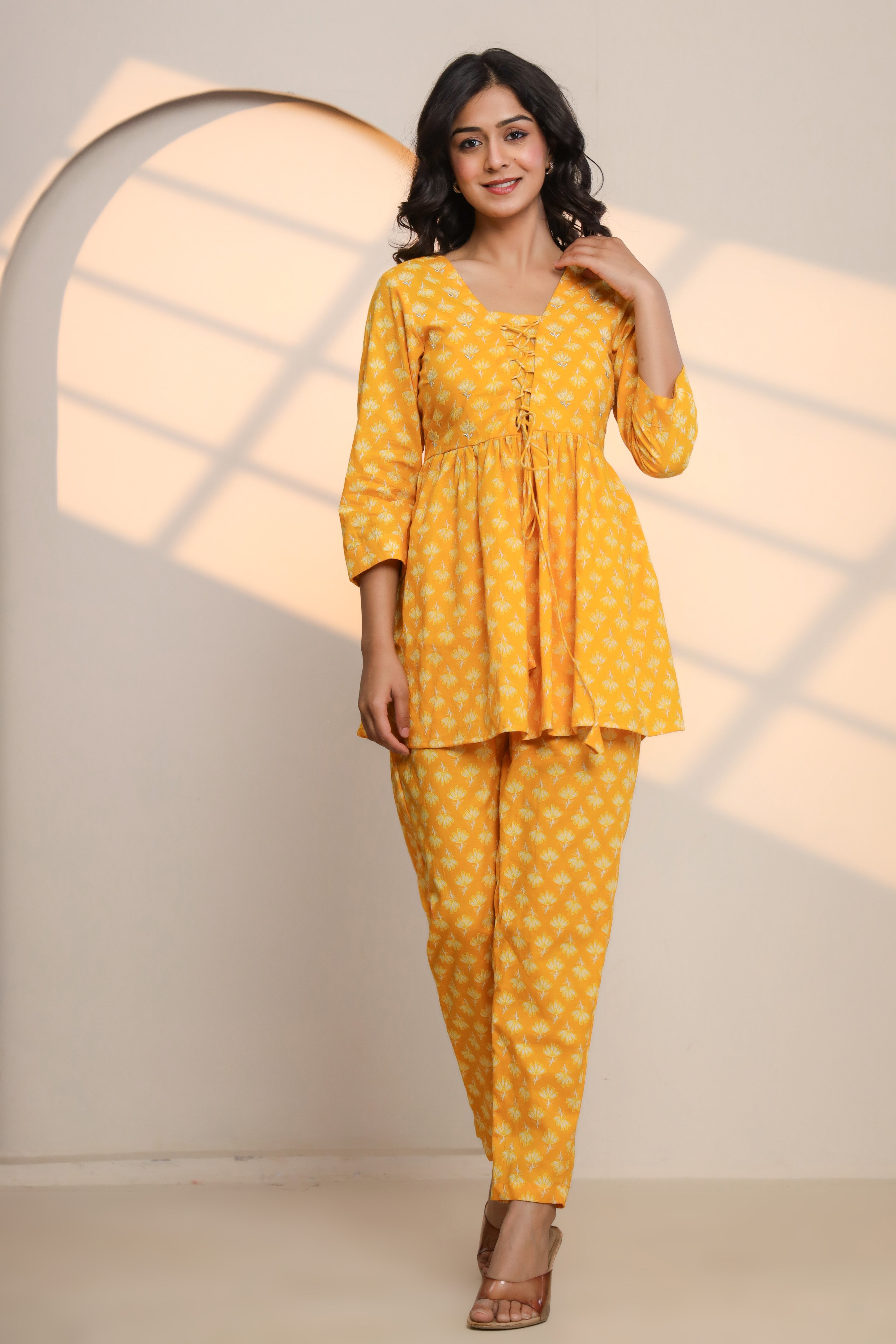 Yellow Cream Cotton Hand Block Printed Co- Ord Set - By Ragavi - qivii