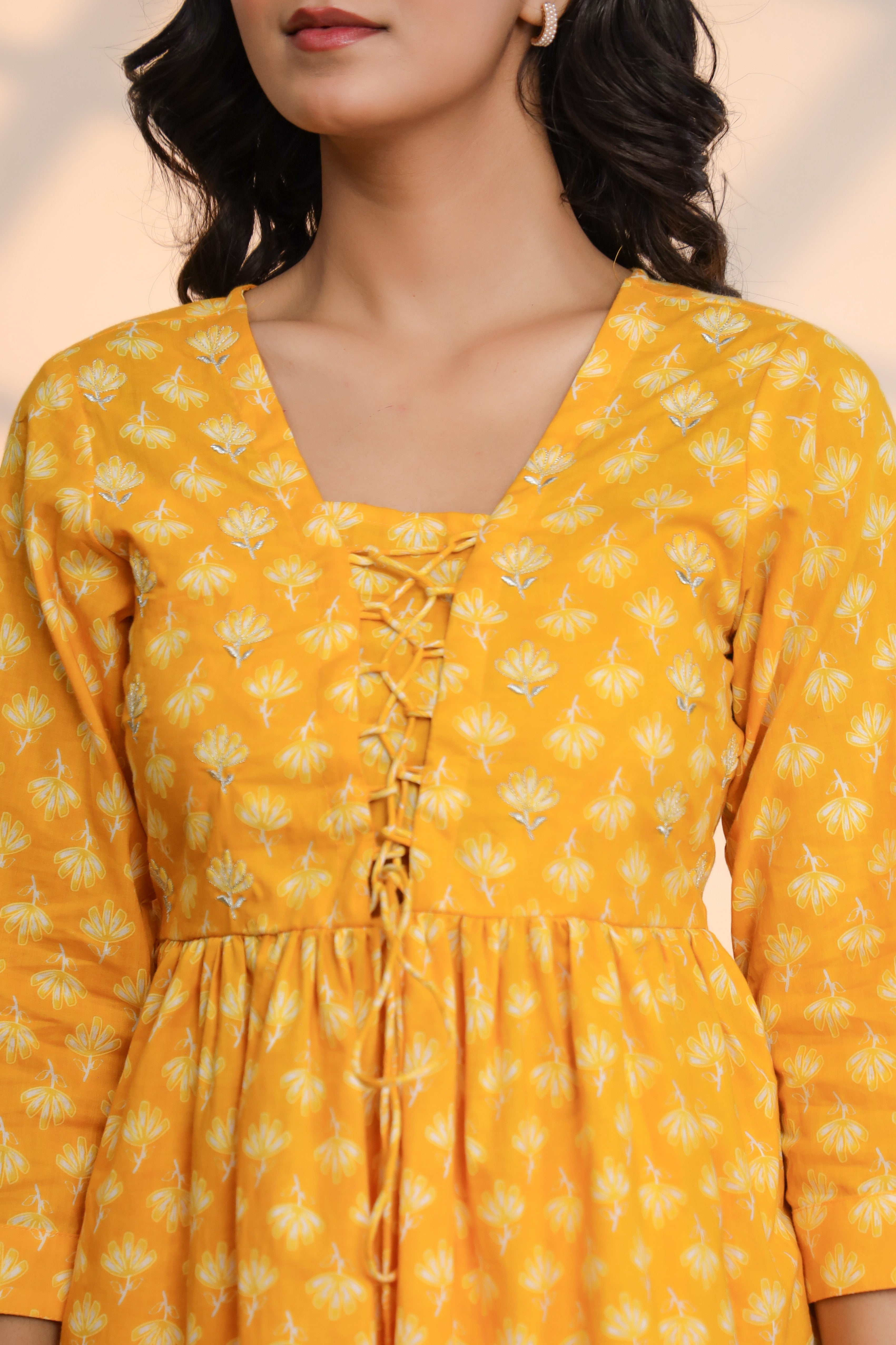 Yellow Cream Cotton Hand Block Printed Co- Ord Set - By Ragavi - qivii