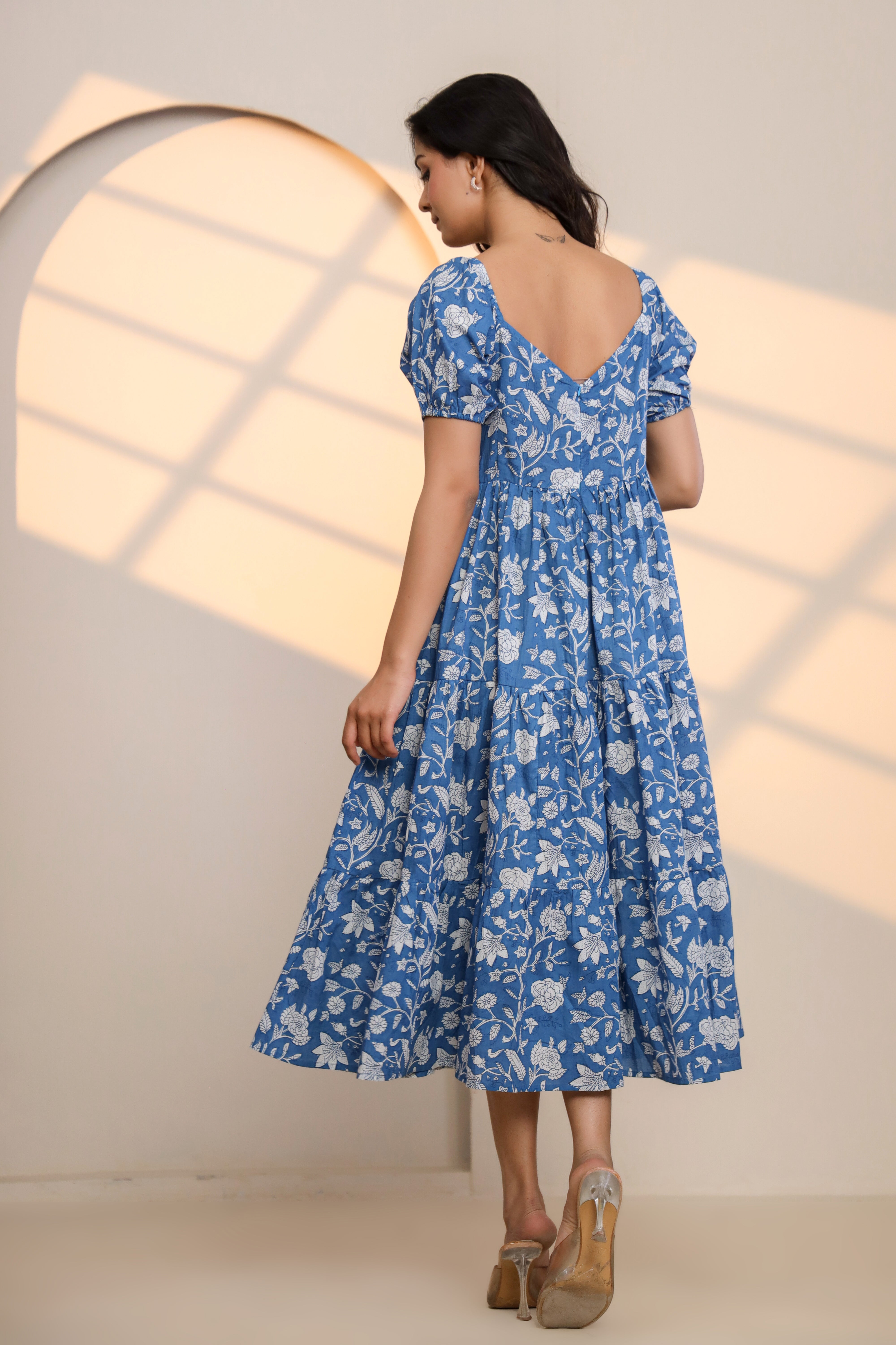 Azure Blue Hand Block Printed Midi Dress - By Ragavi - qivii