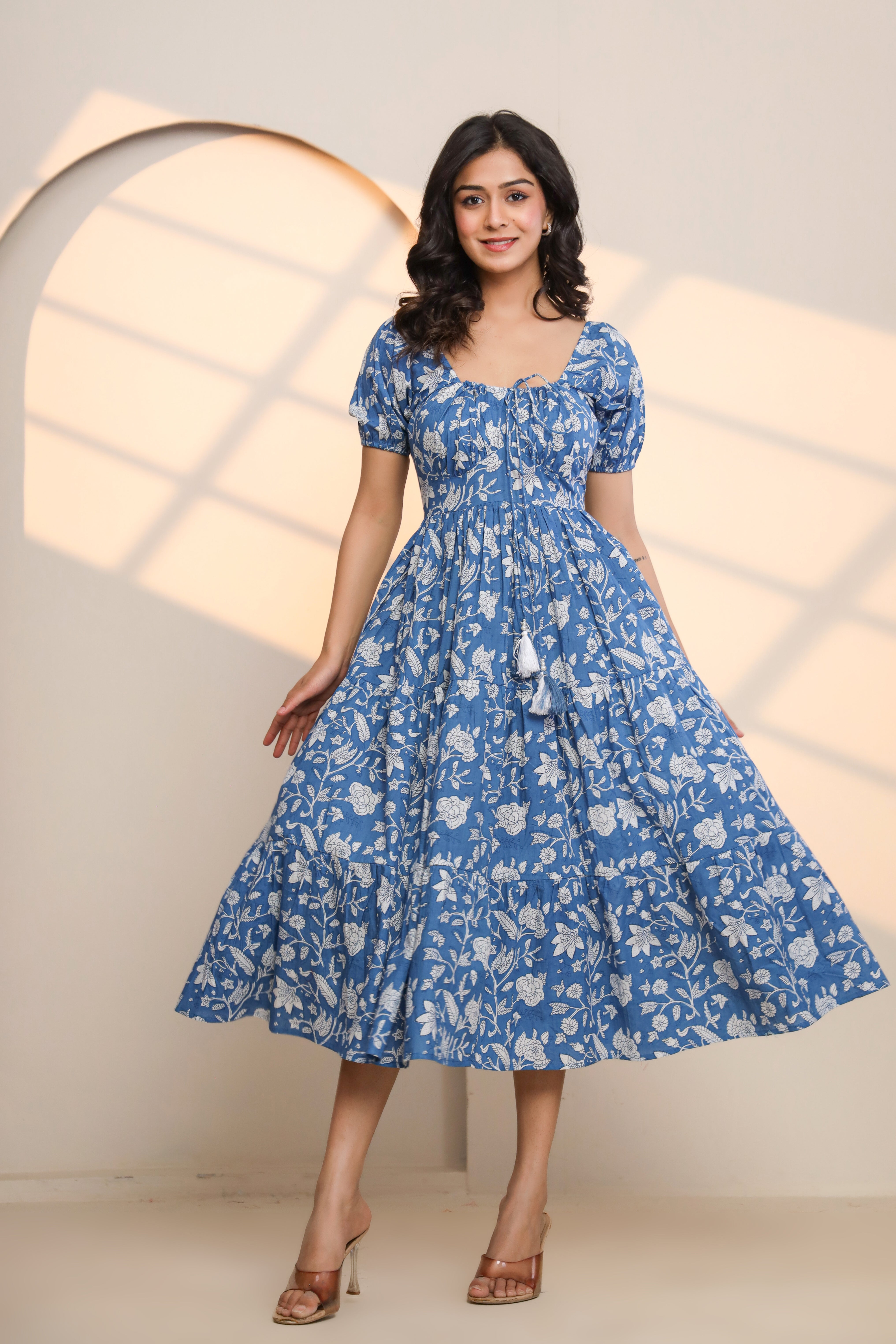 Azure Blue Hand Block Printed Midi Dress - By Ragavi - qivii