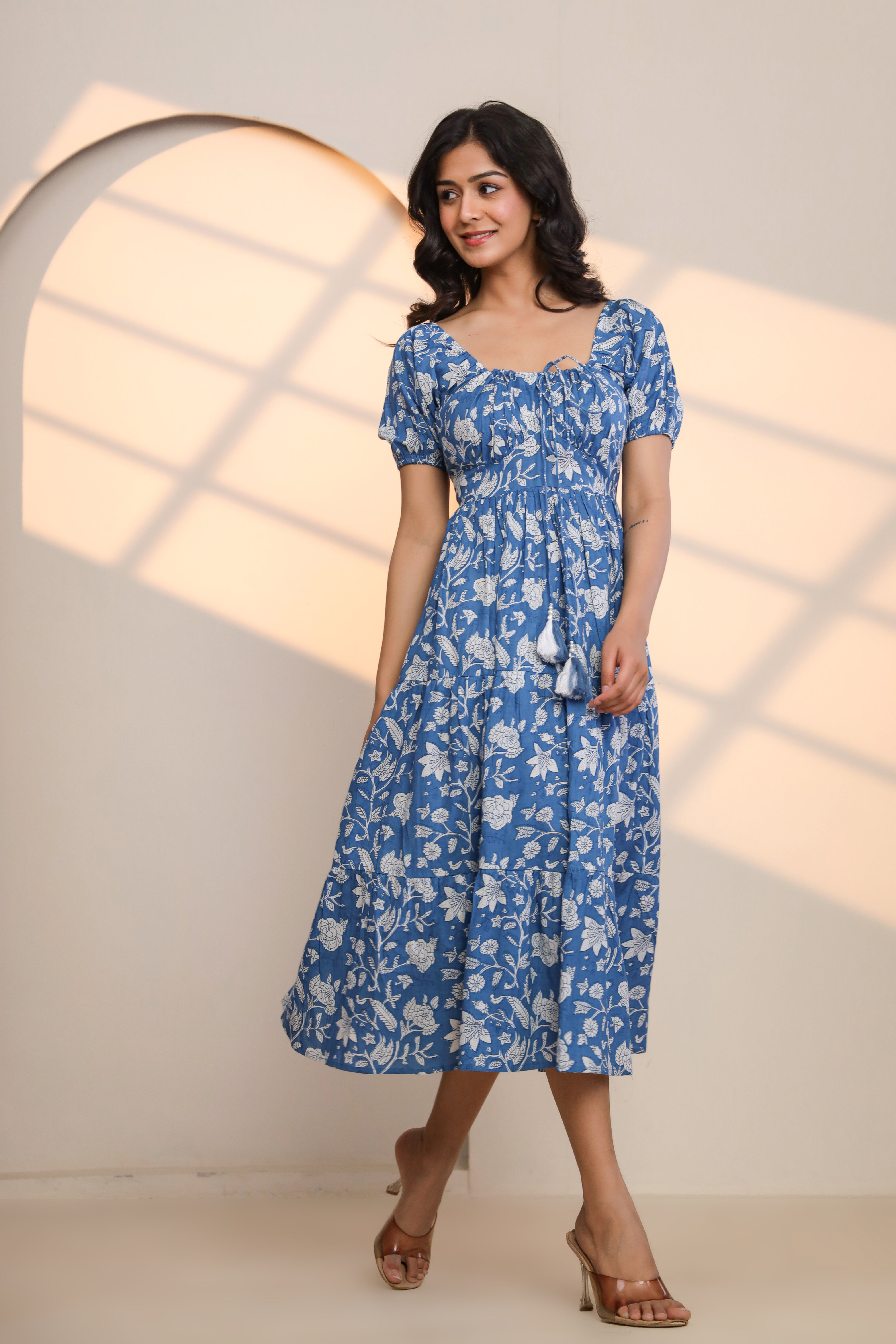 Azure Blue Hand Block Printed Midi Dress - By Ragavi - qivii