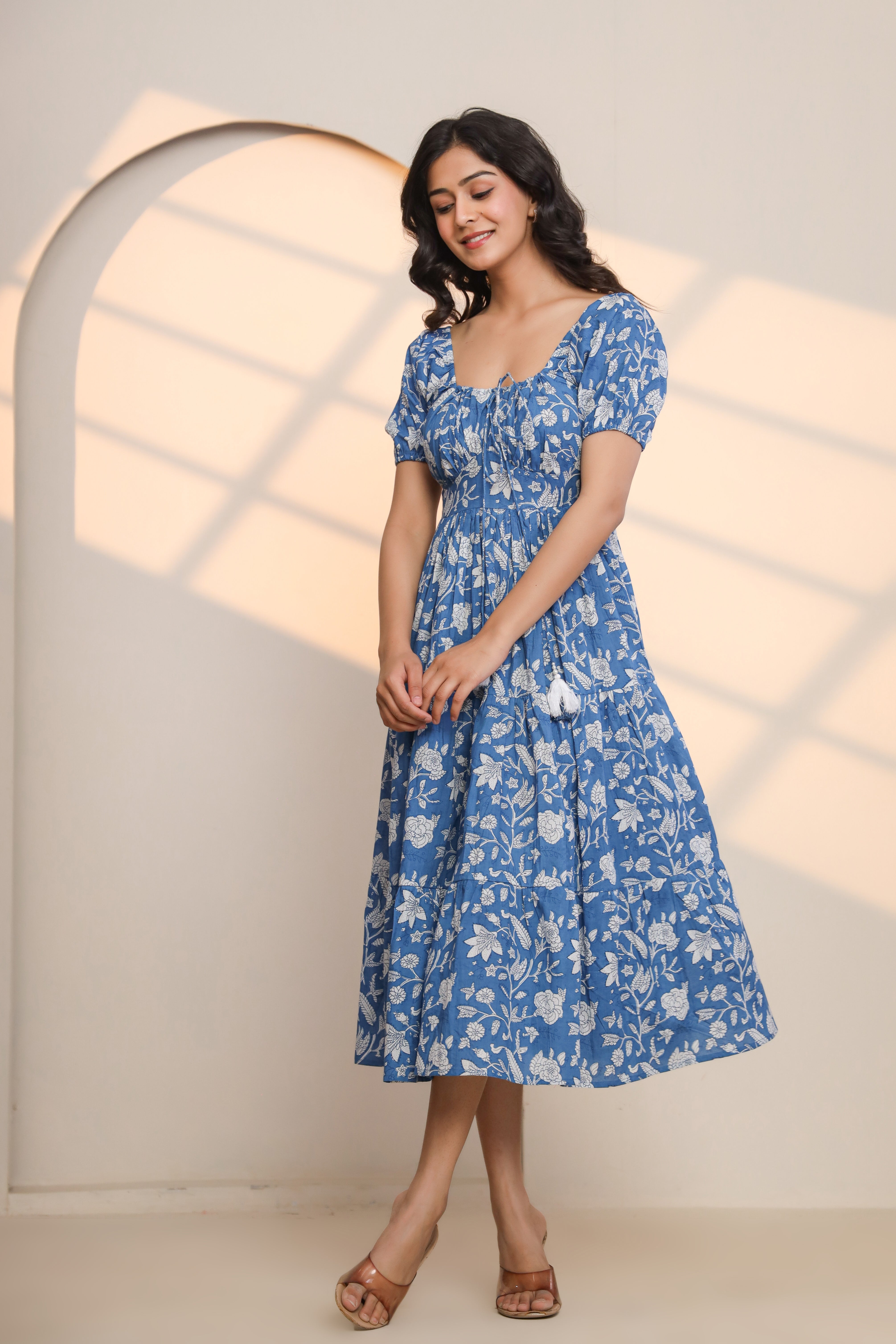 Azure Blue Hand Block Printed Midi Dress - By Ragavi - qivii