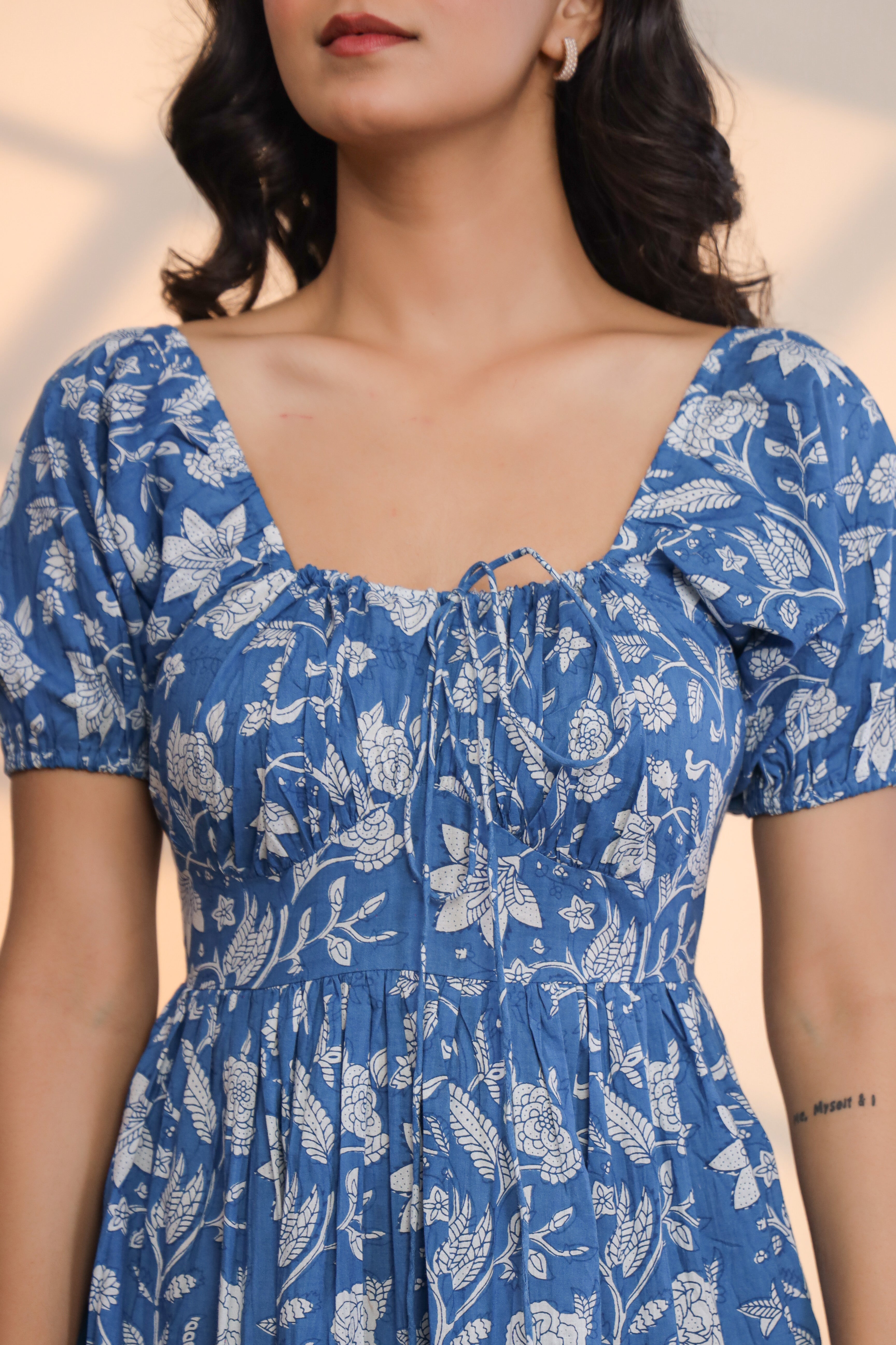 Azure Blue Hand Block Printed Midi Dress - By Ragavi - qivii