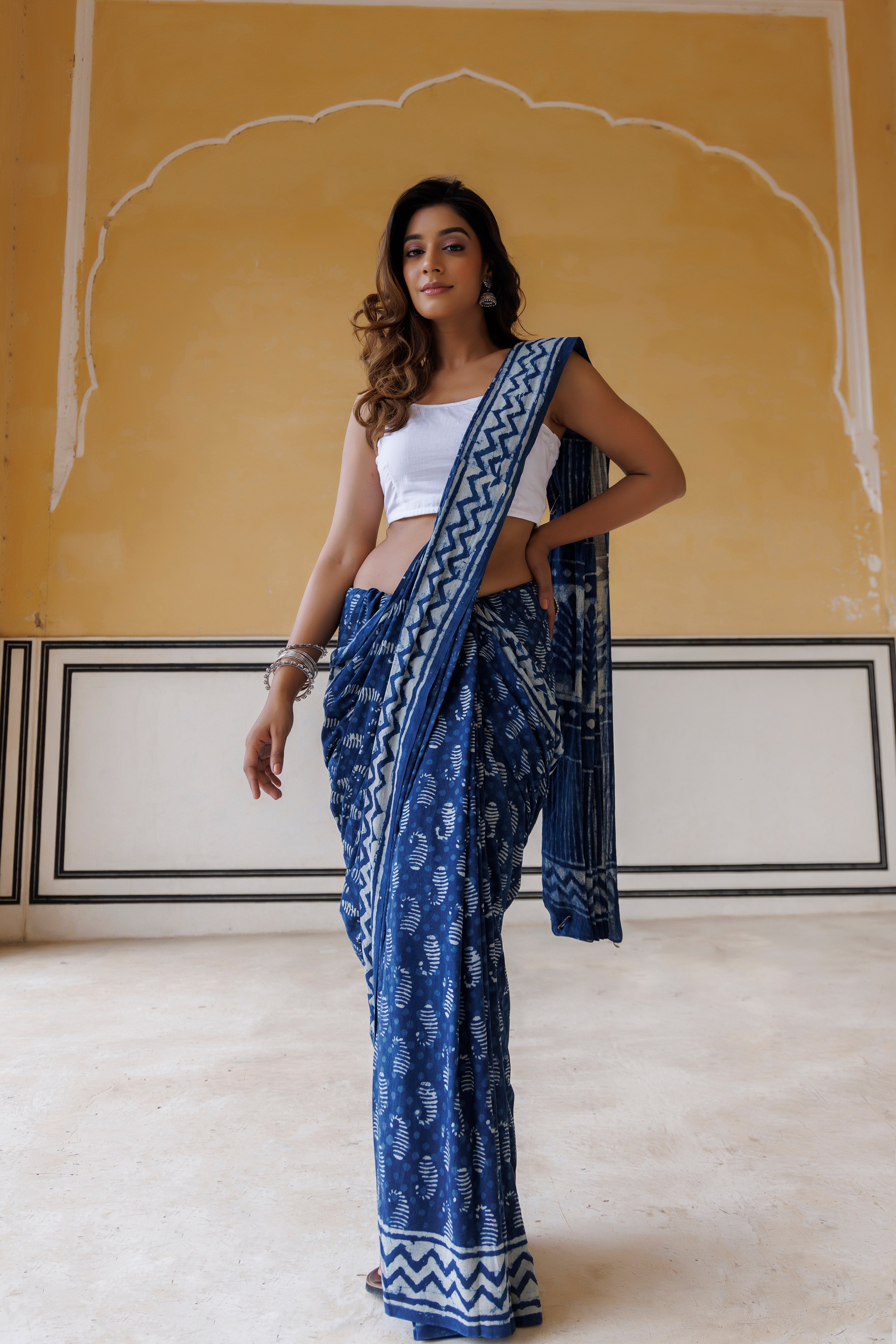 White And Indigo Paisley Block Printed Saree - By Ragavi - qivii
