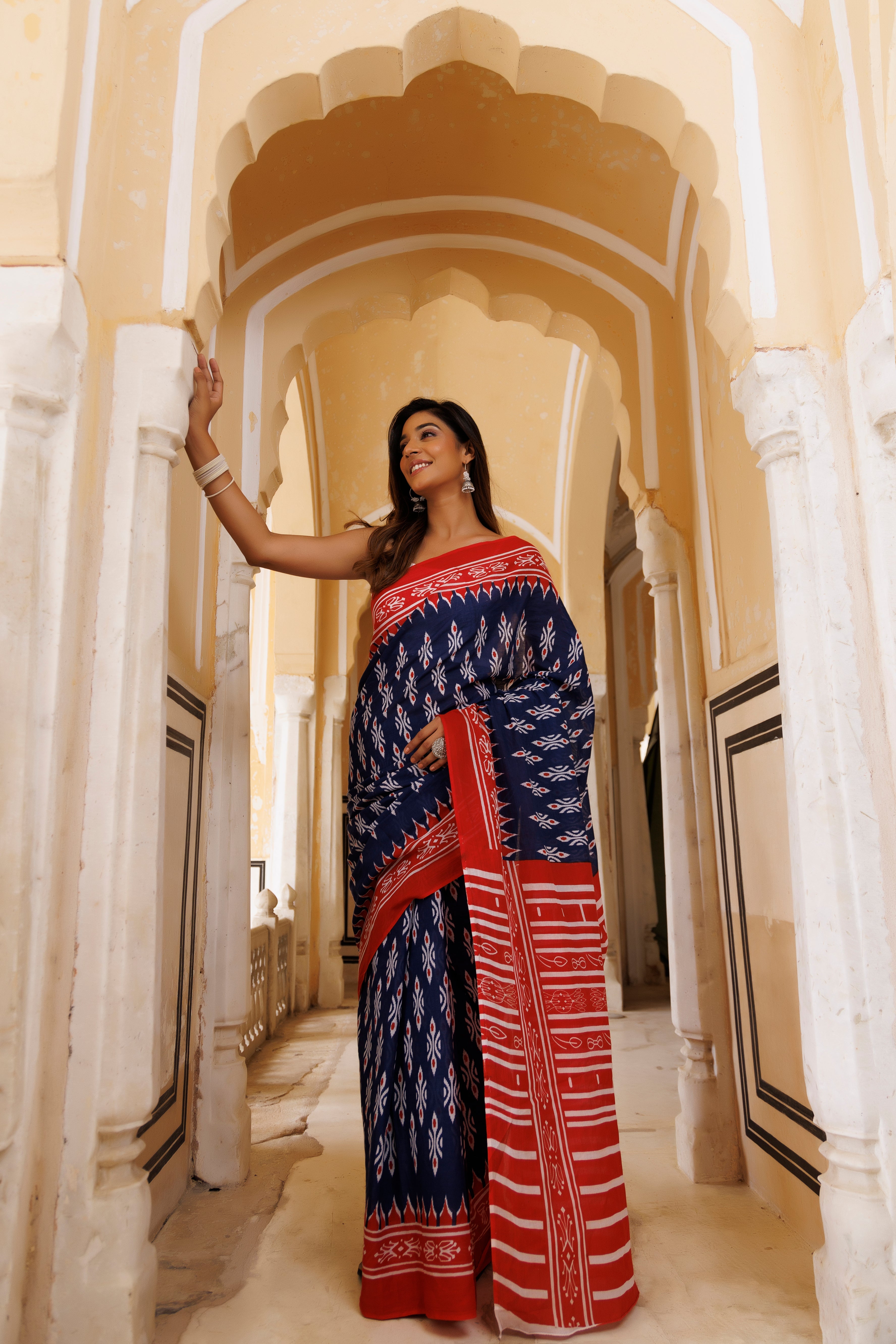 Adrenaline Red And Blue Traditional Jaipuri Printed Saree - By Ragavi - qivii