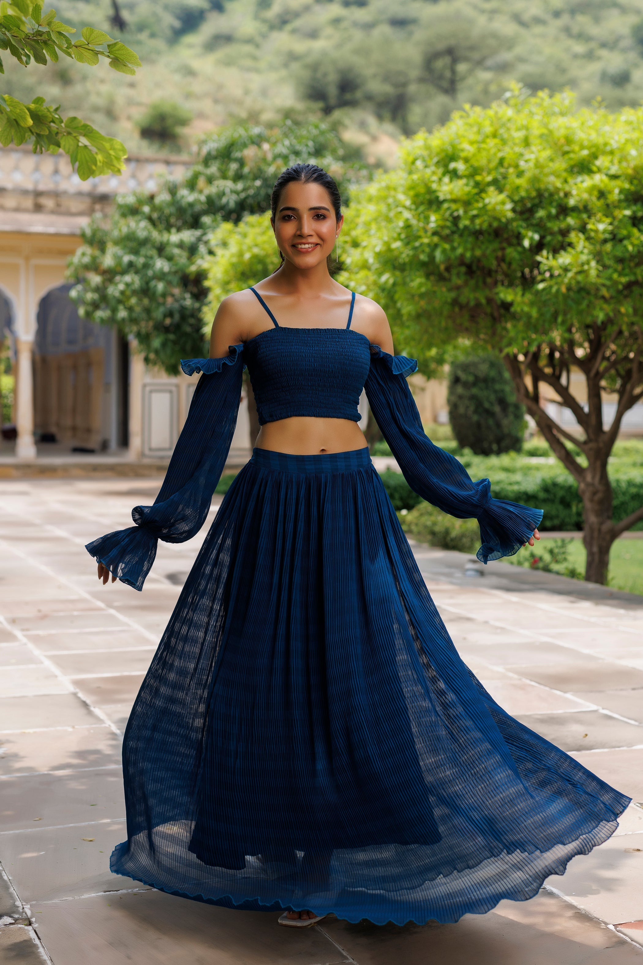 Galaxy Blue Pleated Co-ord Set - By Ragavi - qivii