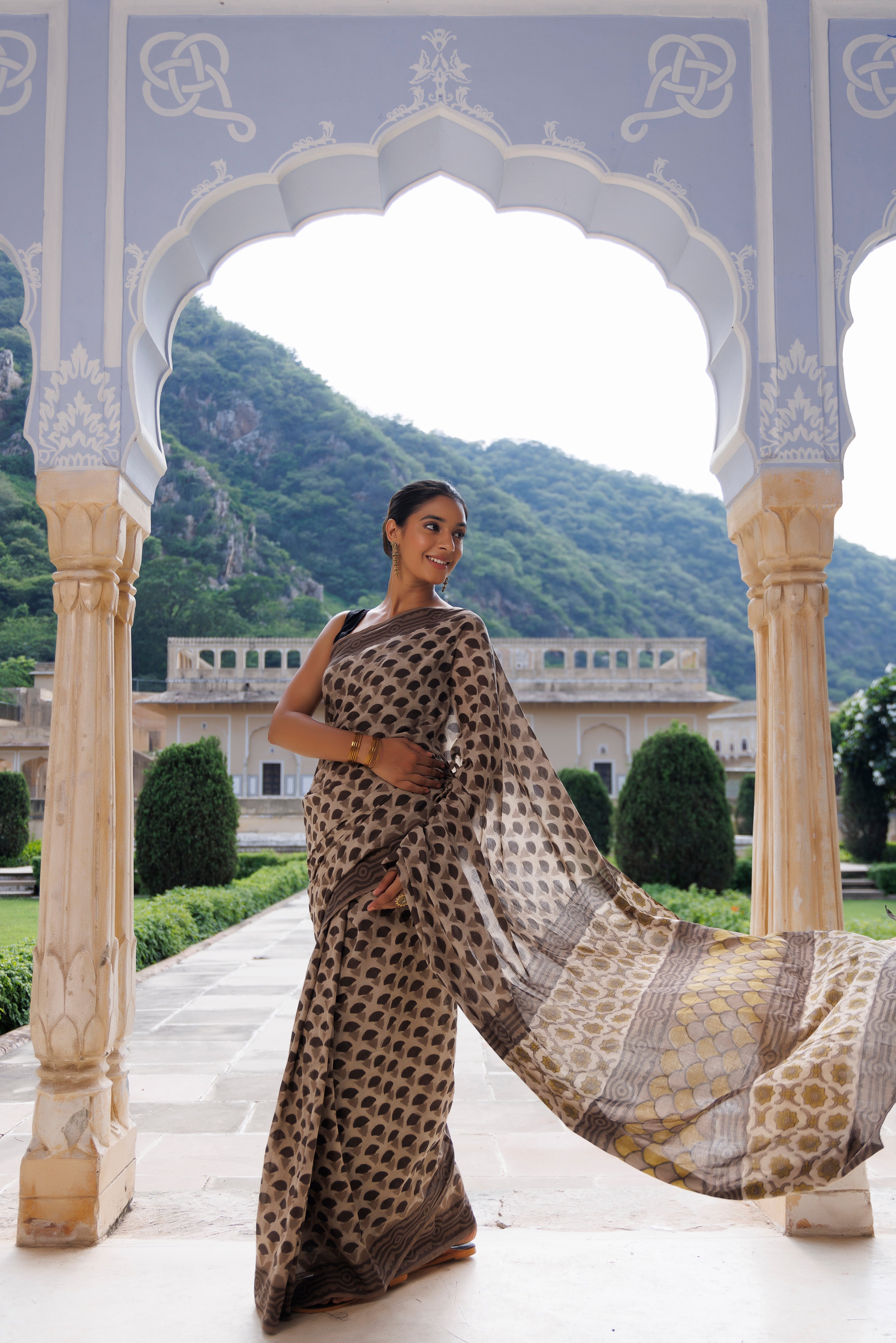 Taupe Brown Traditional Jaipuri Printed Saree - By Ragavi - qivii