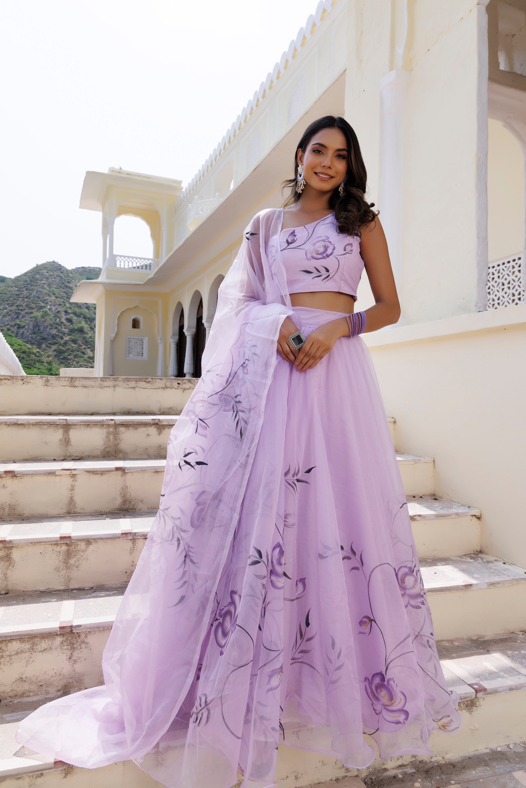 Purple Orchid Petal Brush Paint Lehenga Set - By Ragavi - qivii