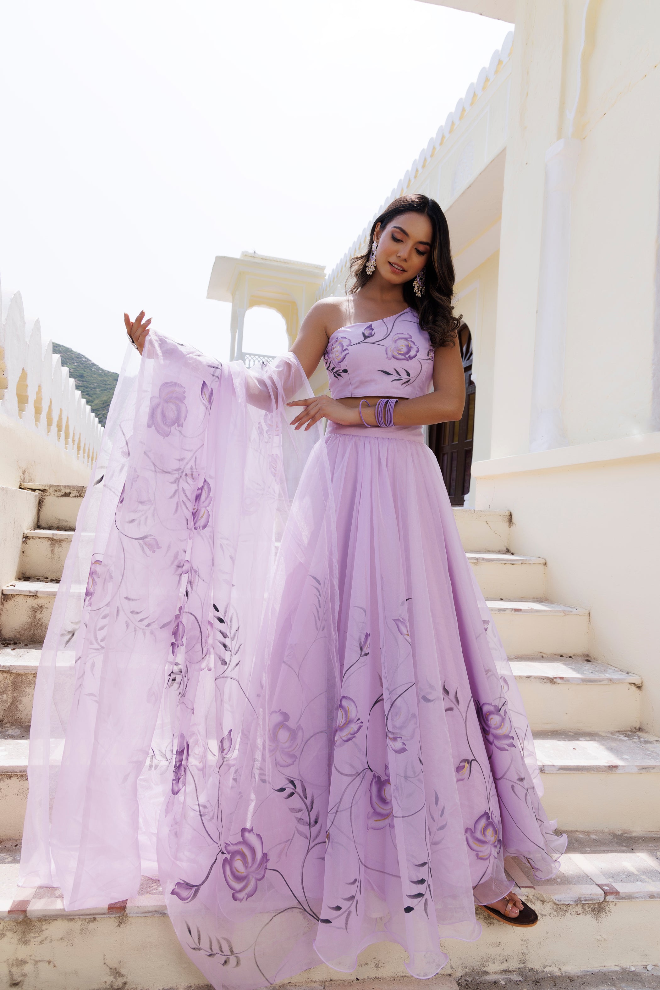 Purple Orchid Petal Brush Paint Lehenga Set - By Ragavi - qivii