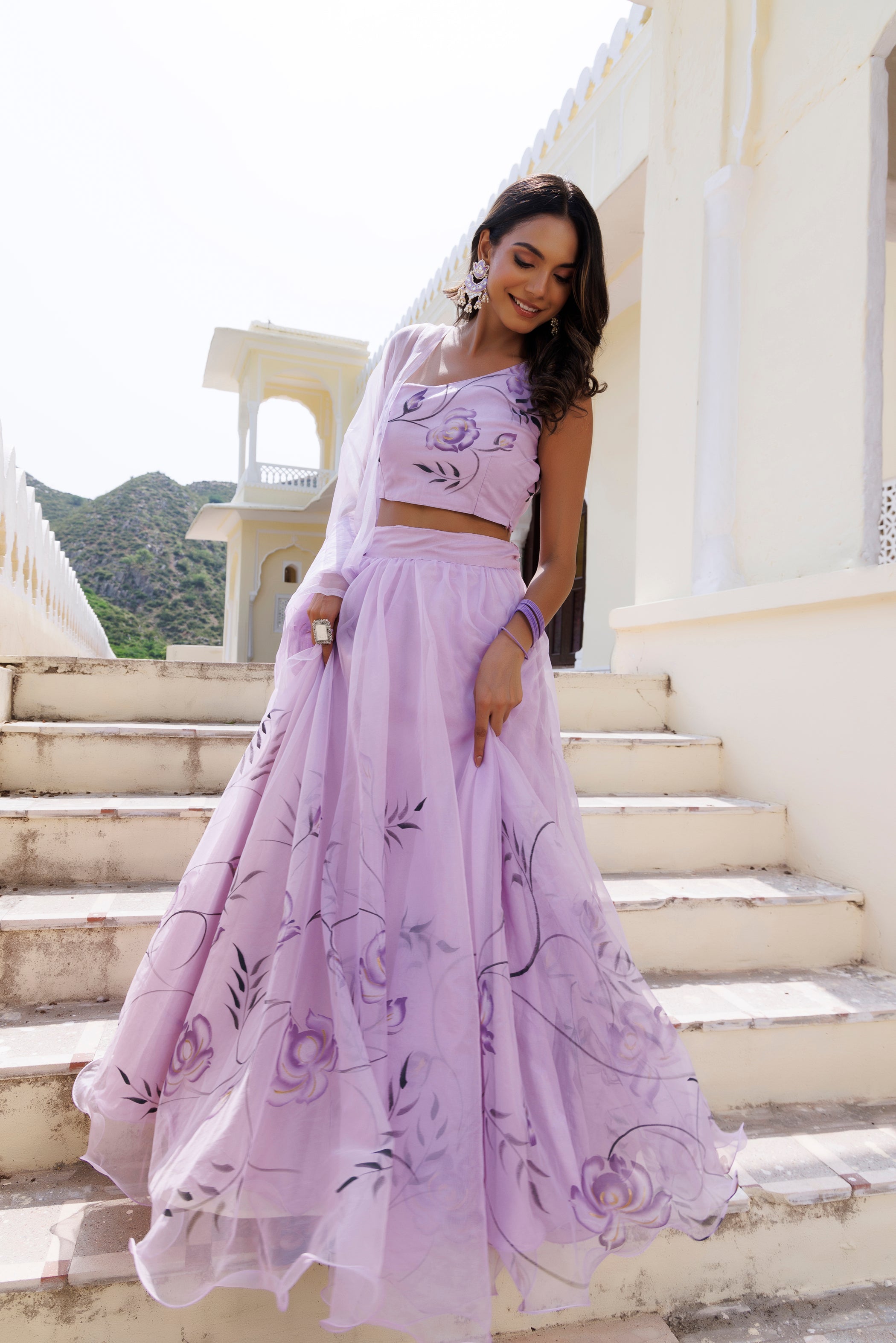 Purple Orchid Petal Brush Paint Lehenga Set - By Ragavi - qivii