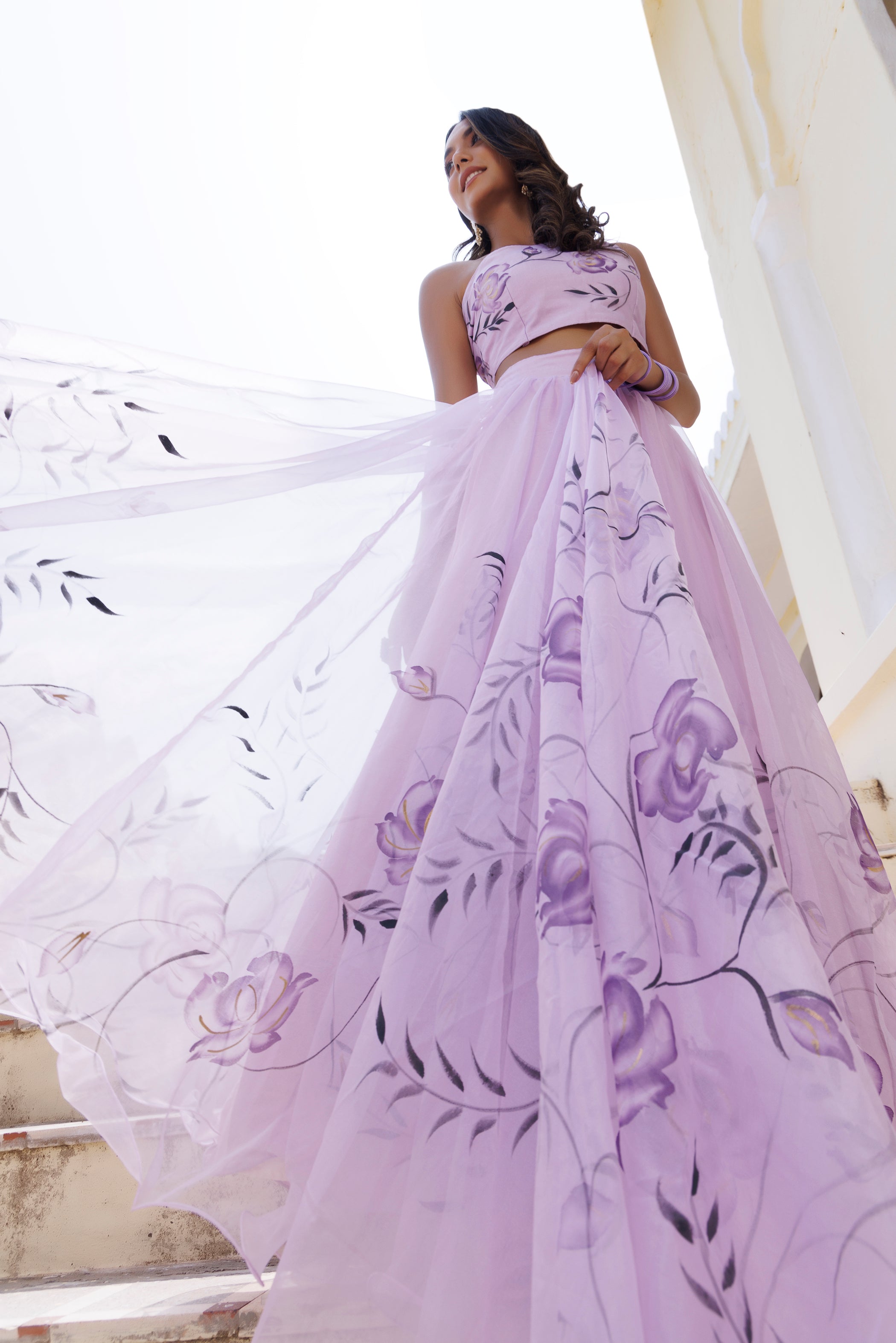 Purple Orchid Petal Brush Paint Lehenga Set - By Ragavi - qivii