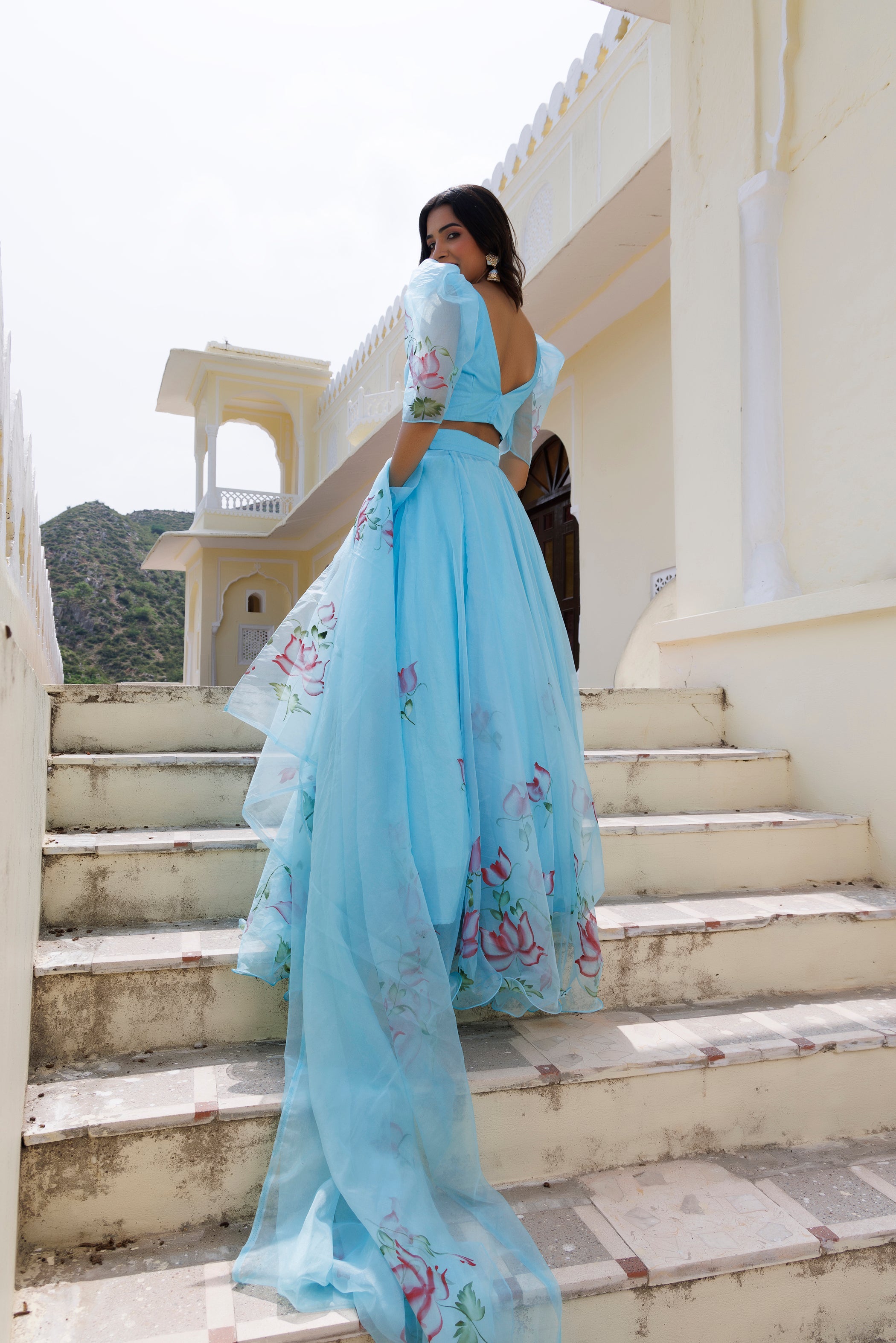 Clearwater Blue Brush Paint Lehenga Set