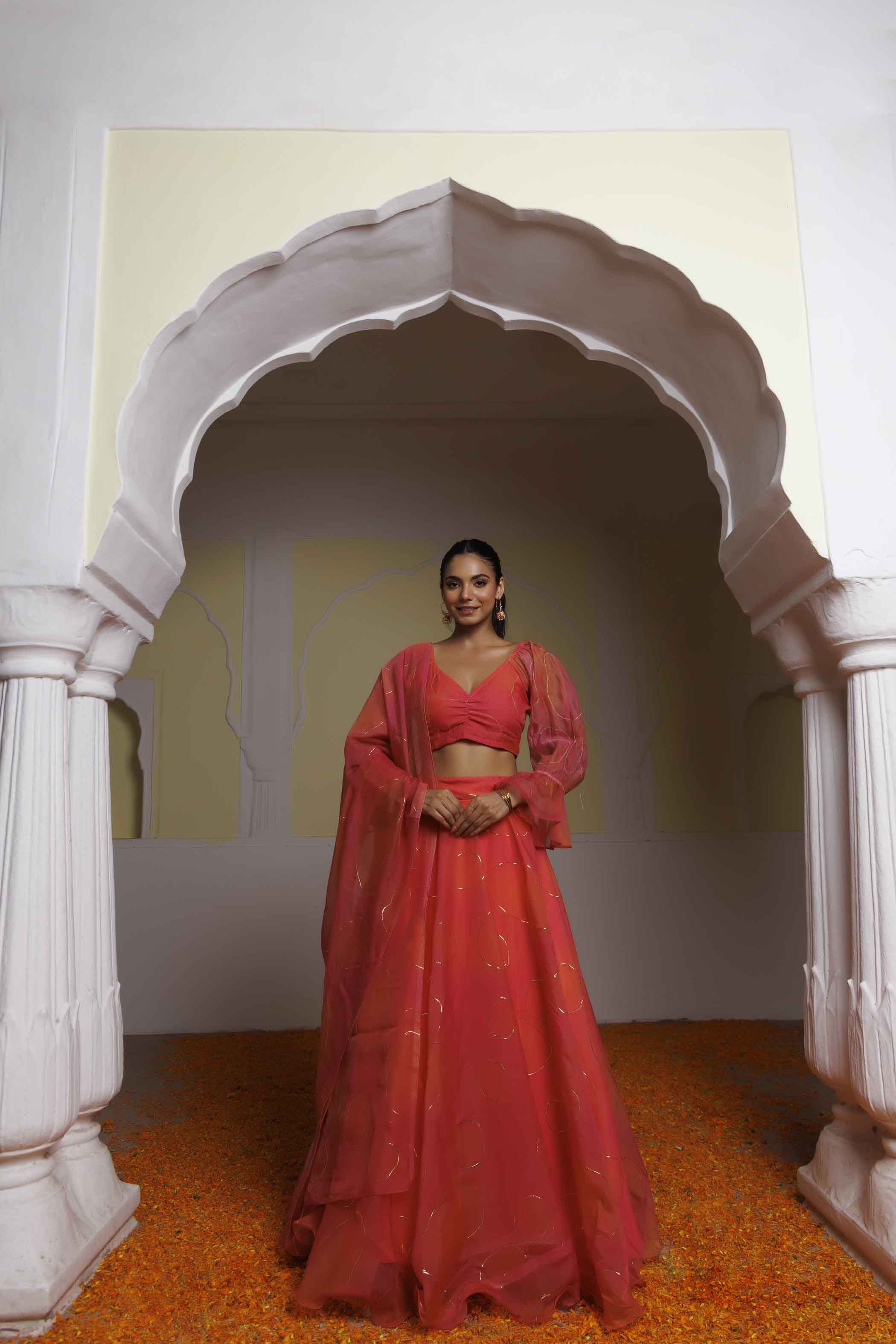Georgia Peach Coral Lehenga Set