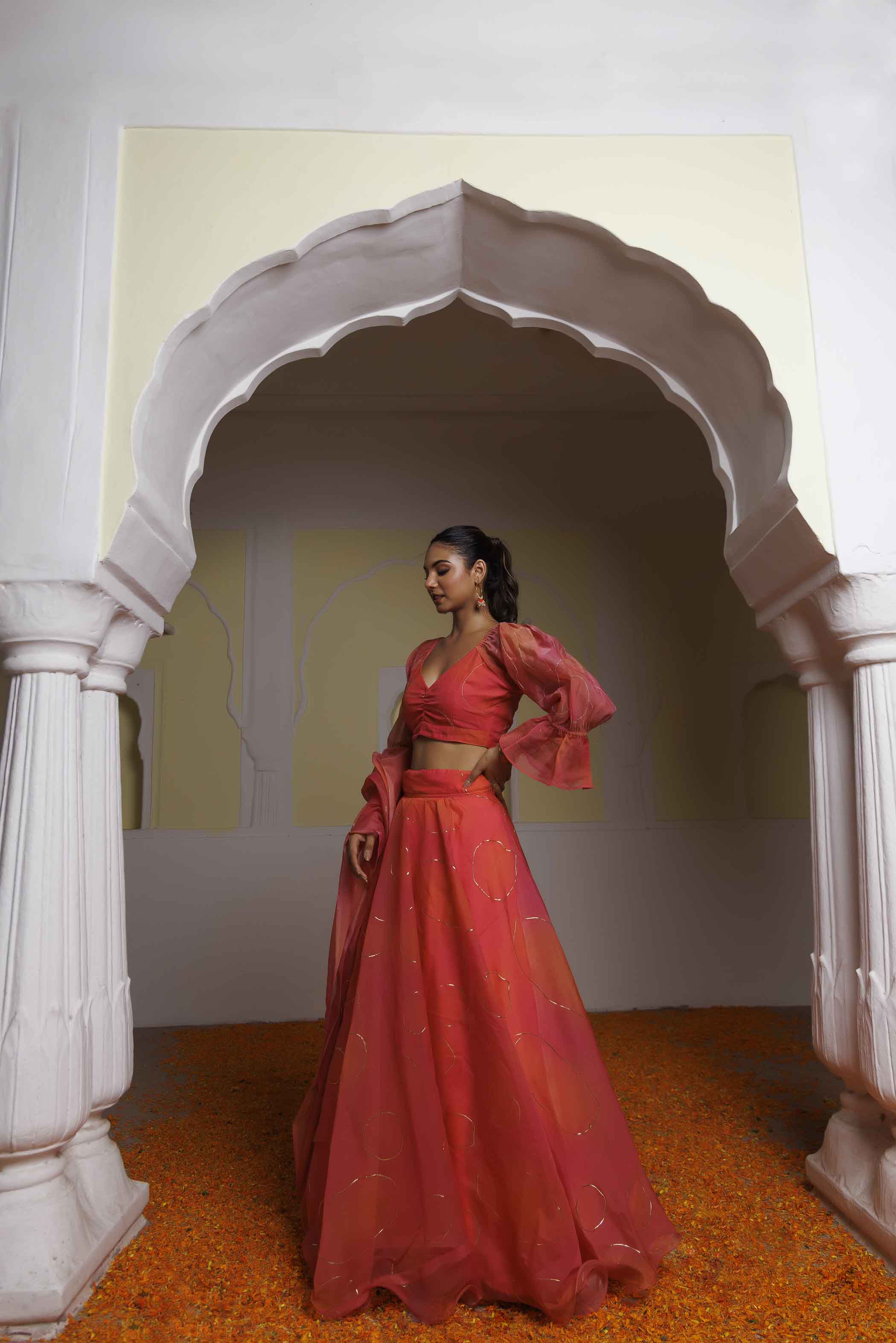 Georgia Peach Coral Lehenga Set - By Ragavi - qivii
