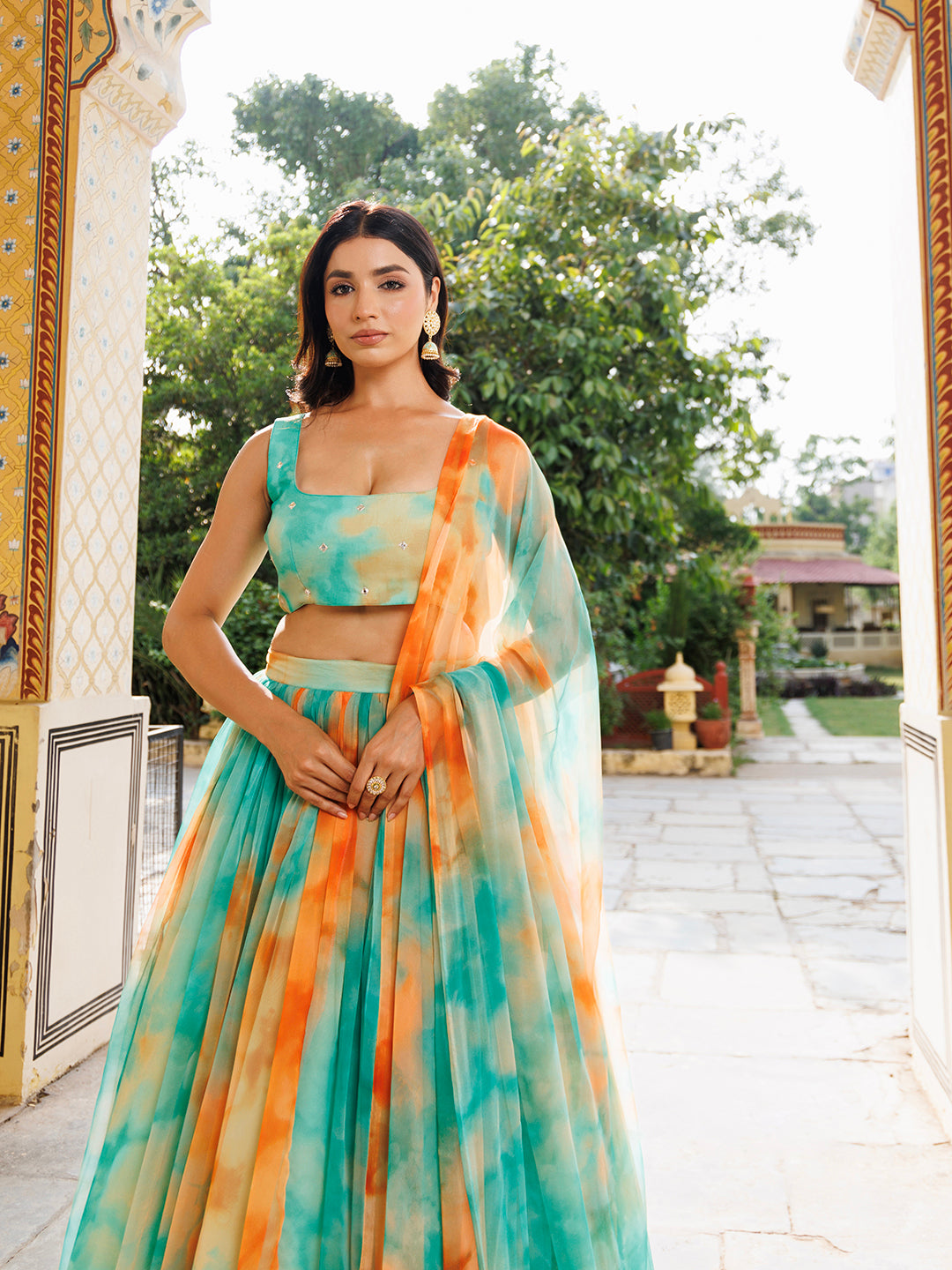 Nectarine Green Orange Chiffon Lehenga Set - By Ragavi - qivii