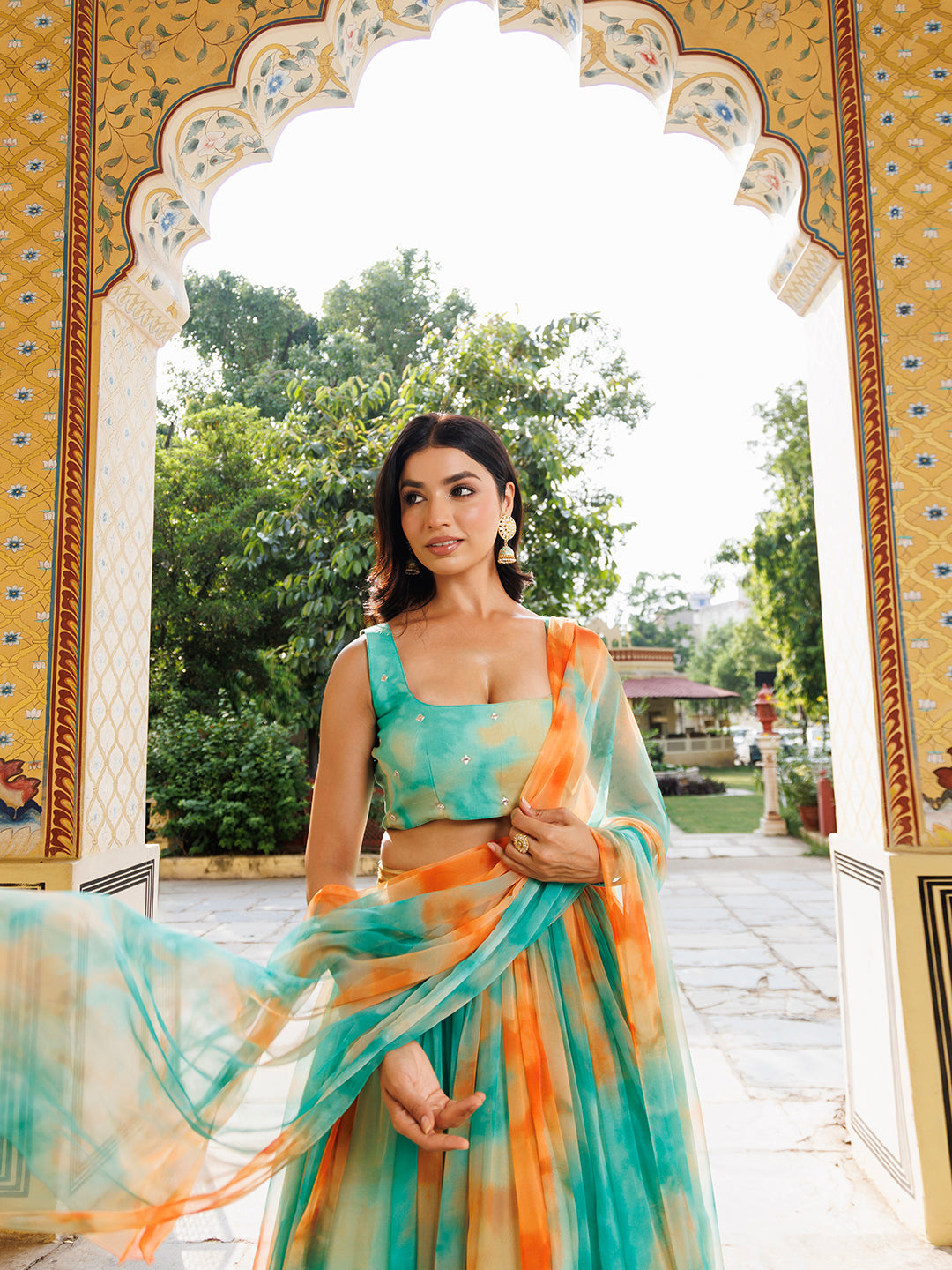 Nectarine Green Orange Chiffon Lehenga Set - By Ragavi - qivii