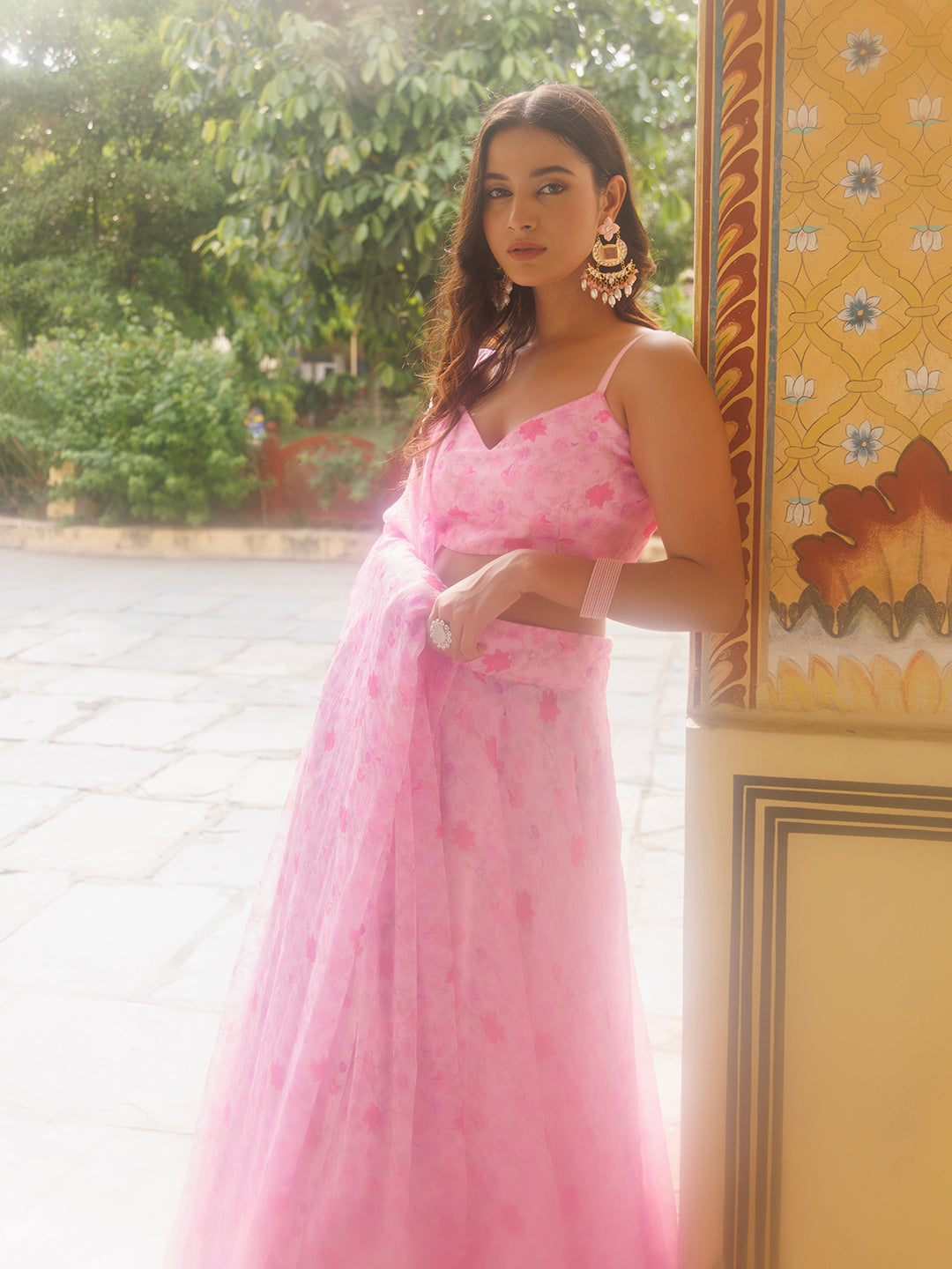 Tender Touch Pink Floral Printed Chiffon Lehenga Set - By Ragavi - qivii