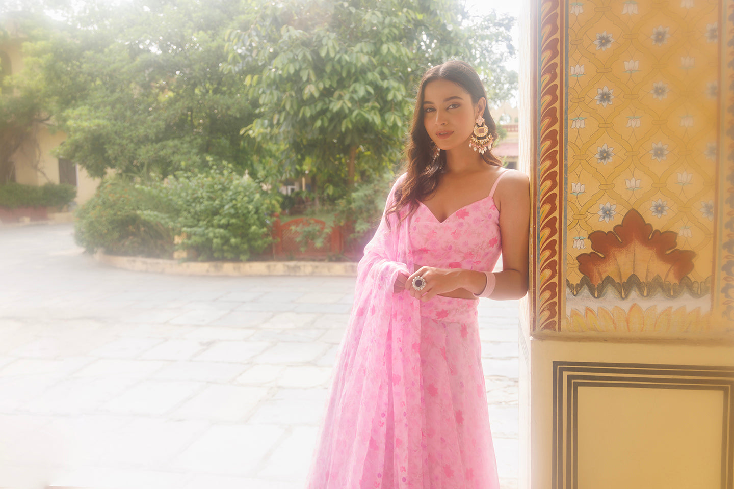 Tender Touch Pink Floral Printed Chiffon Lehenga Set - By Ragavi - qivii