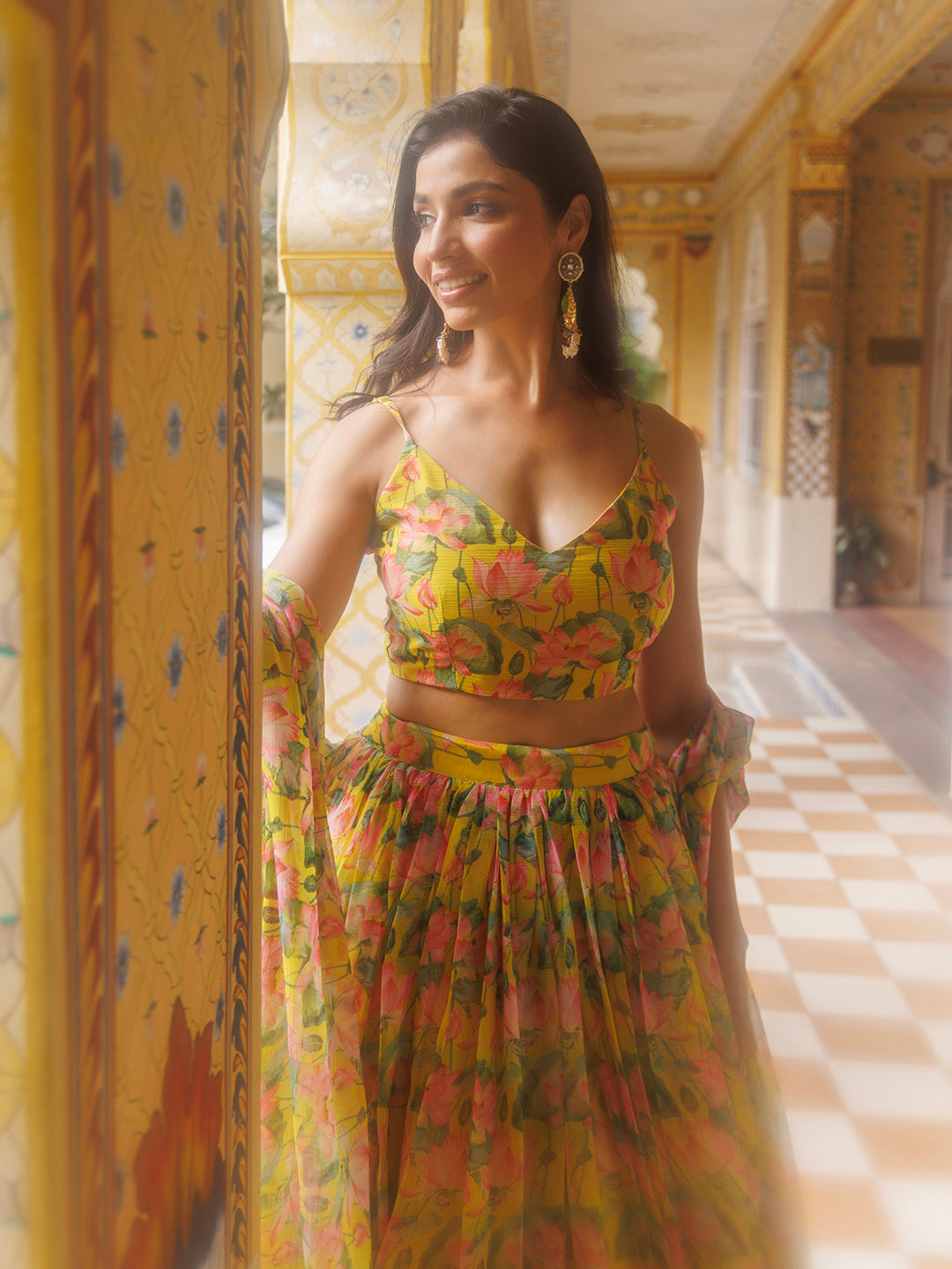 Lemon Chrome Yellow Floral Printed Chiffon Lehenga Set - By Ragavi - qivii