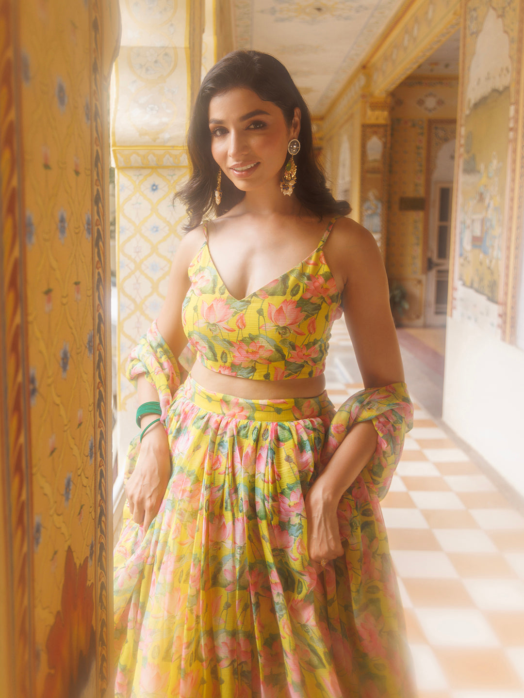 Lemon Chrome Yellow Floral Printed Chiffon Lehenga Set - By Ragavi - qivii