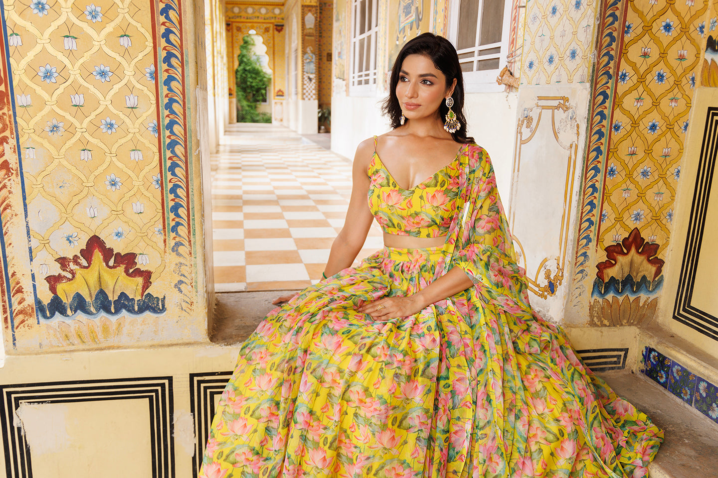 Lemon Chrome Yellow Floral Printed Chiffon Lehenga Set - By Ragavi - qivii