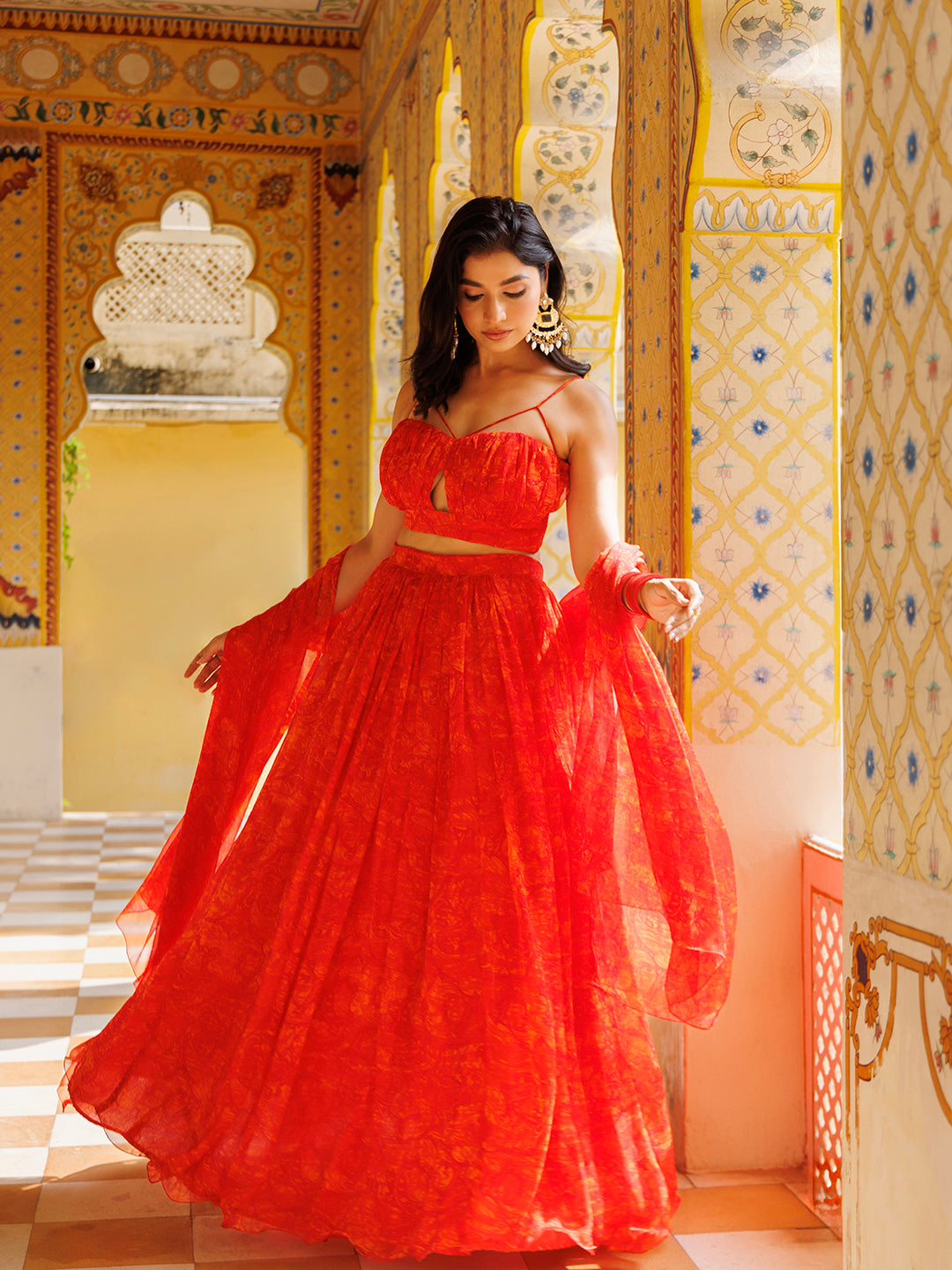 Orangeade Red Floral Printed Chiffon Lehenga Set - By Ragavi - qivii