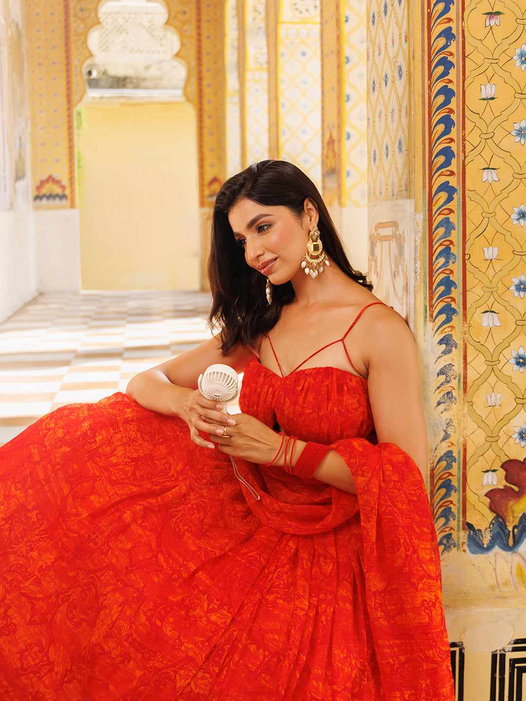 Orangeade Red Floral Printed Chiffon Lehenga Set - By Ragavi - qivii