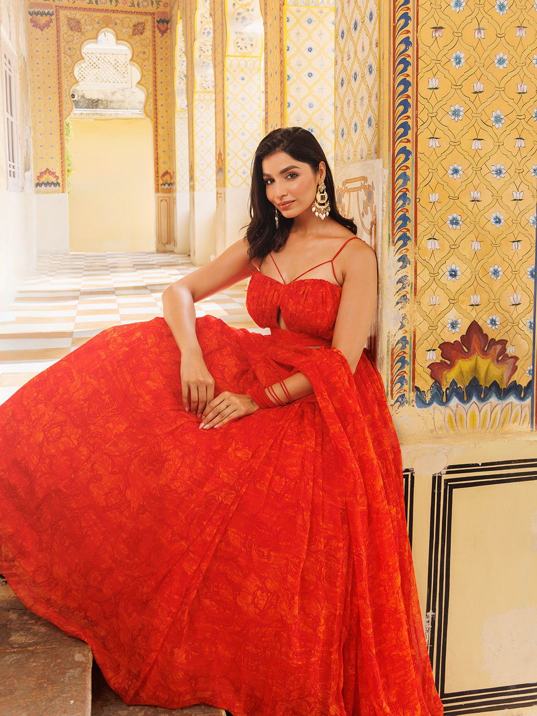 Orangeade Red Floral Printed Chiffon Lehenga Set - By Ragavi - qivii