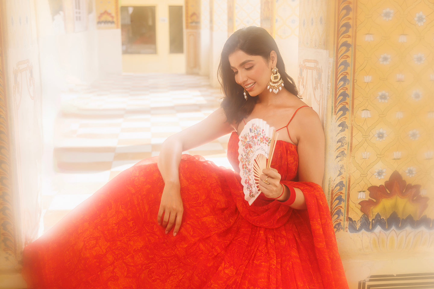 Orangeade Red Floral Printed Chiffon Lehenga Set - By Ragavi - qivii