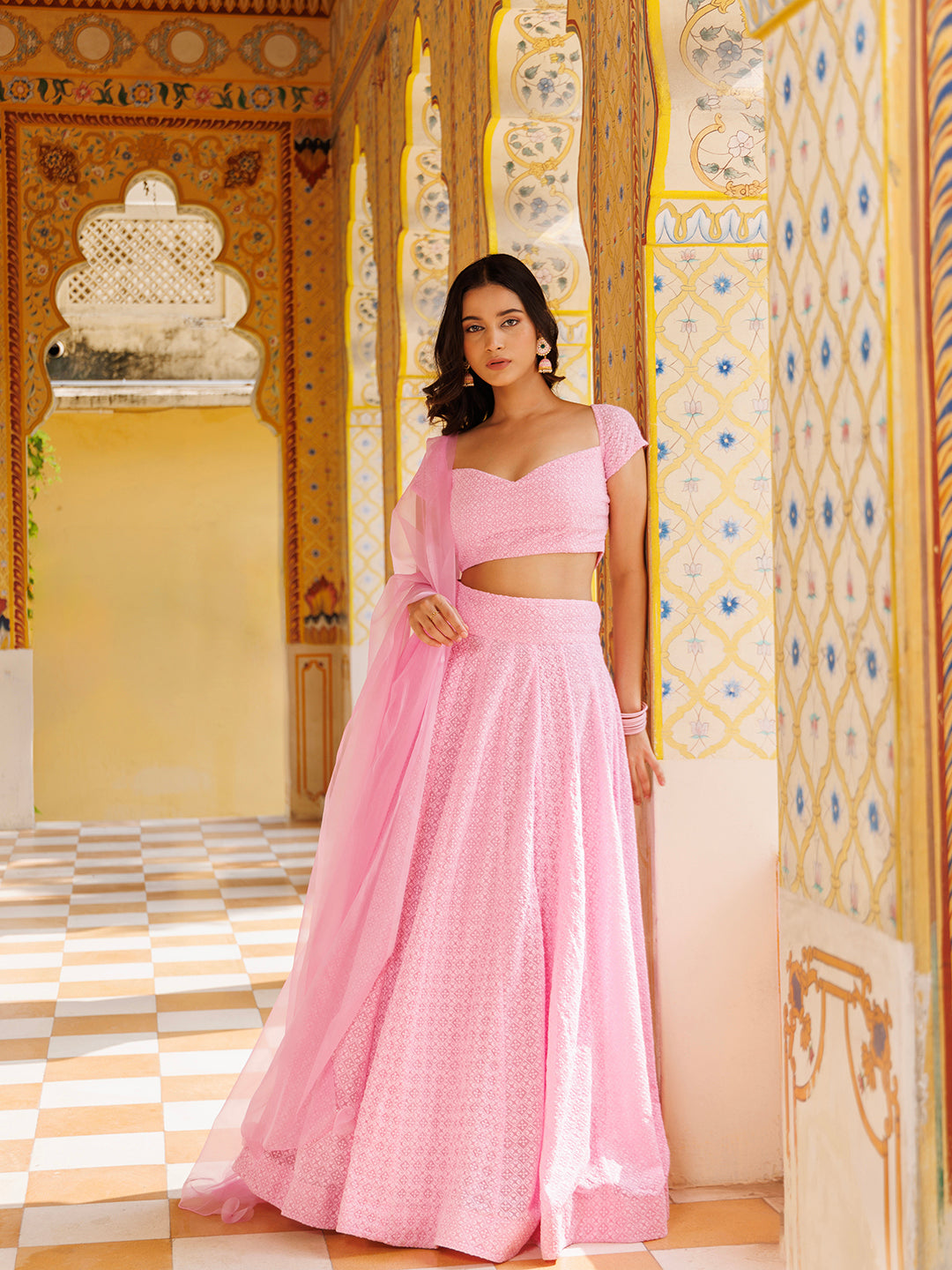 Blushing Pink Chikankari Lehenga Set - By Ragavi - qivii