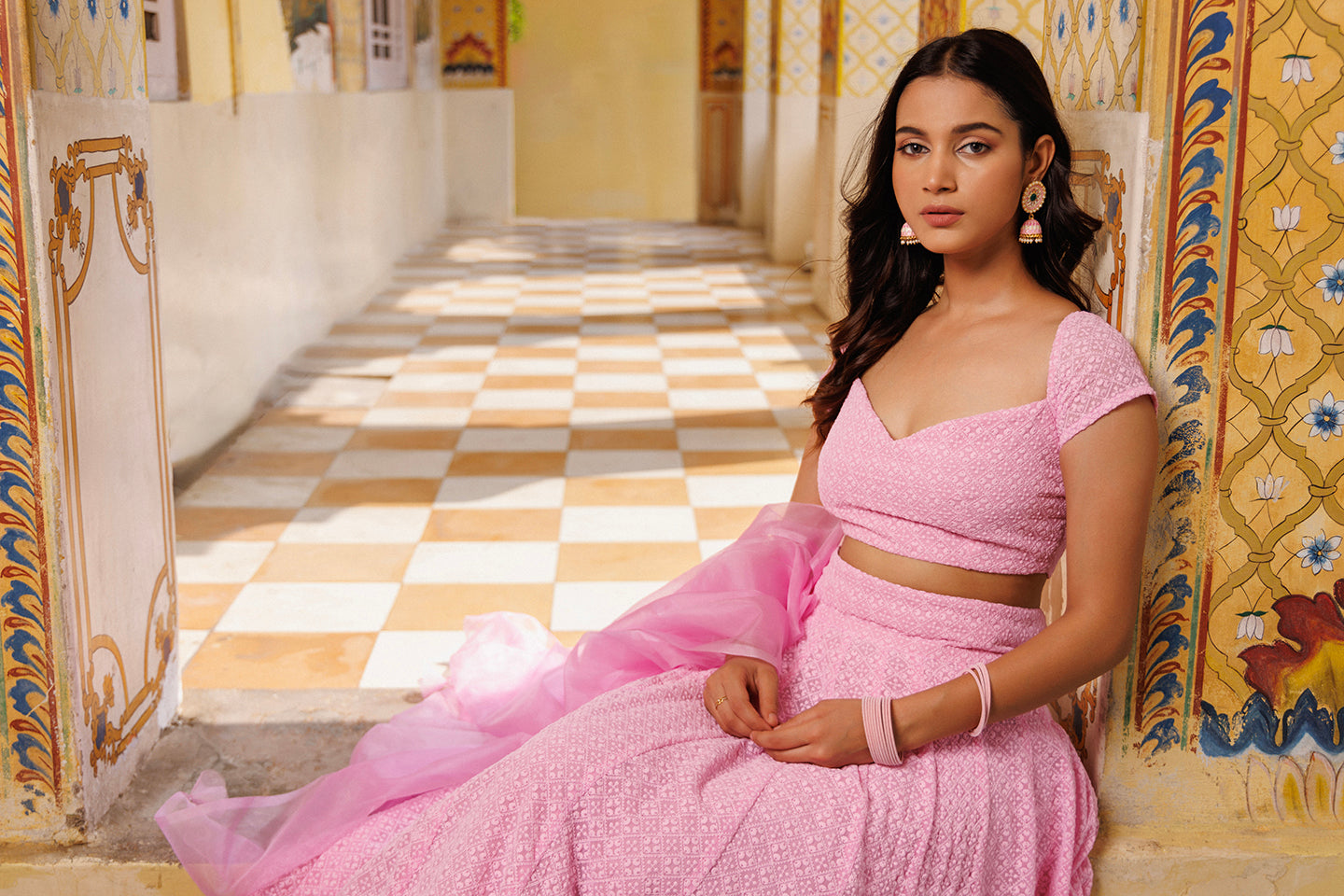 Blushing Pink Chikankari Lehenga Set - By Ragavi - qivii