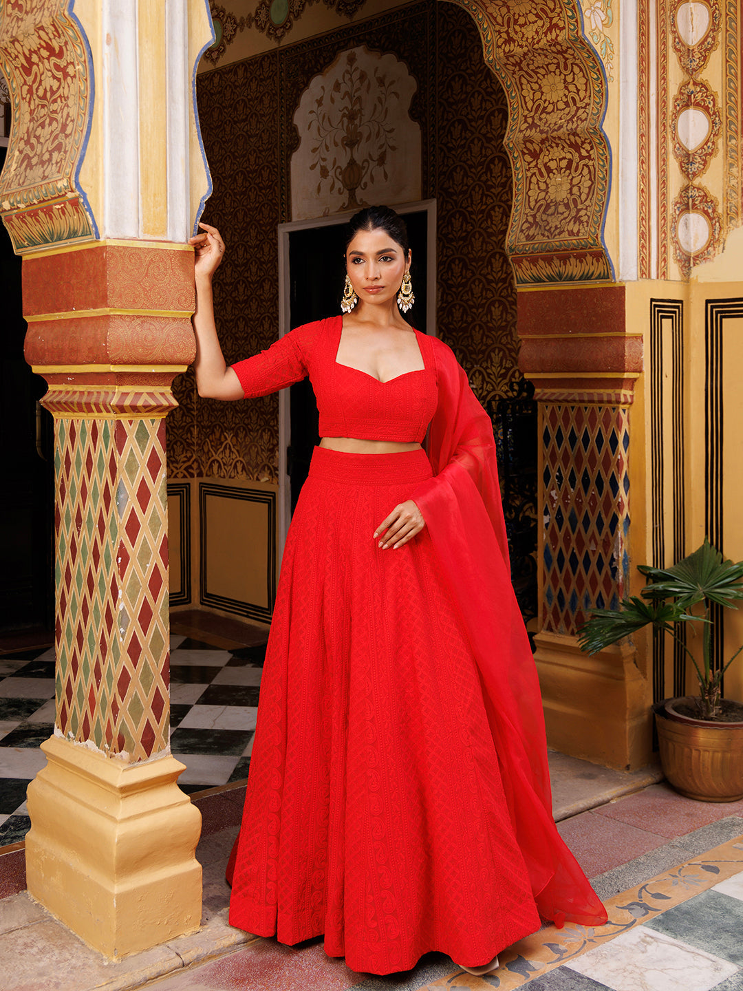 Fire Red Chikankari Lehenga Set - By Ragavi - qivii