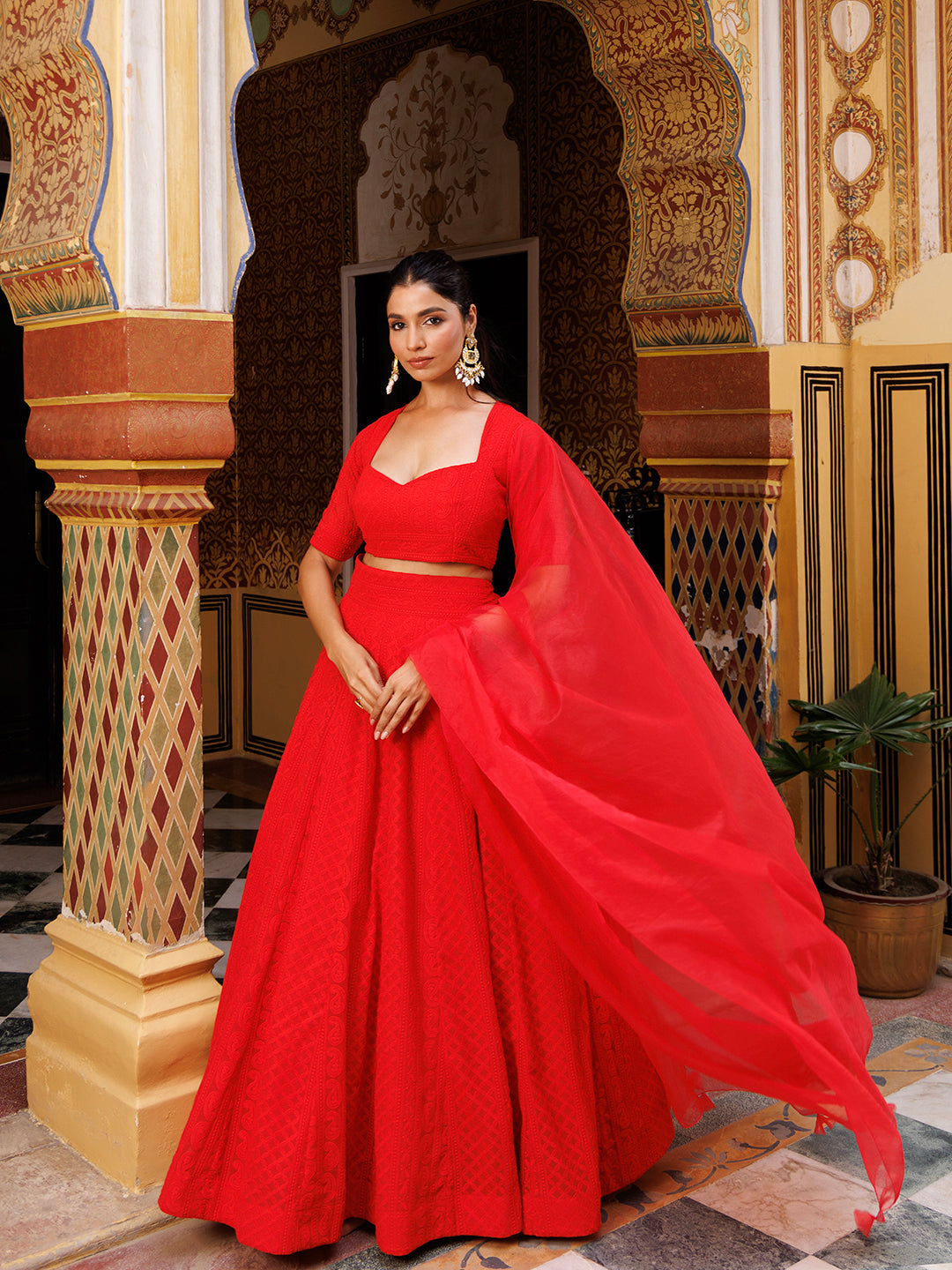 Fire Red Chikankari Lehenga Set - By Ragavi - qivii