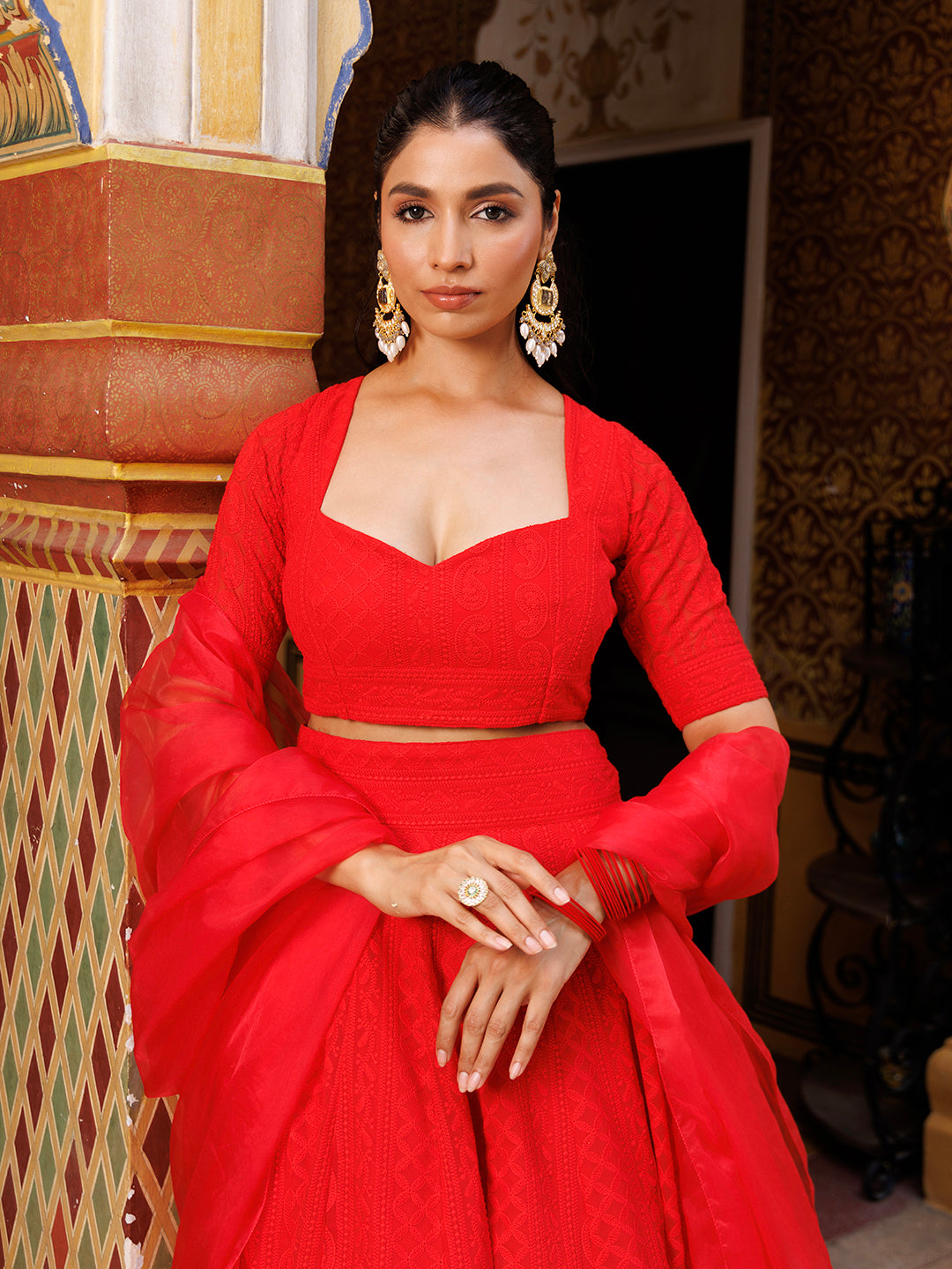 Fire Red Chikankari Lehenga Set - By Ragavi - qivii