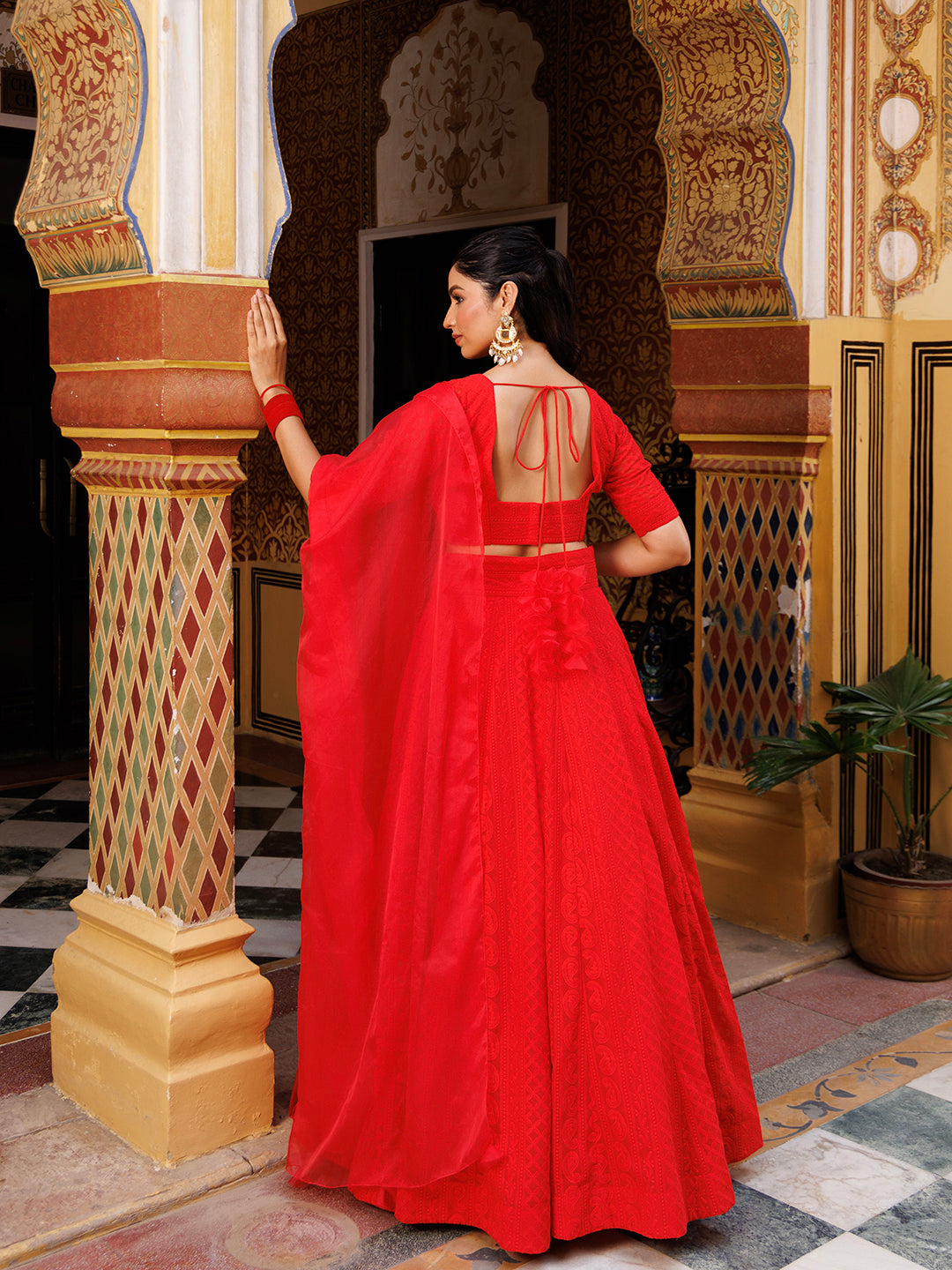 Fire Red Chikankari Lehenga Set - By Ragavi - qivii