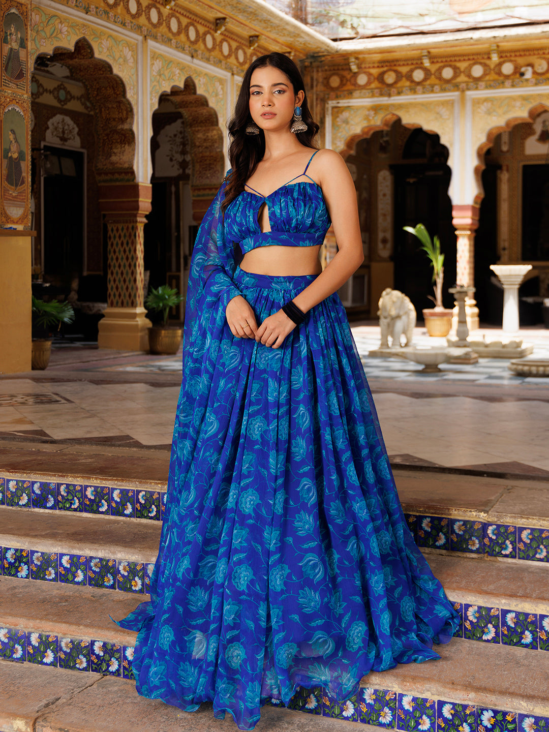 Lapis Blue Floral Printed Chiffon Lehenga Set - By Ragavi - qivii