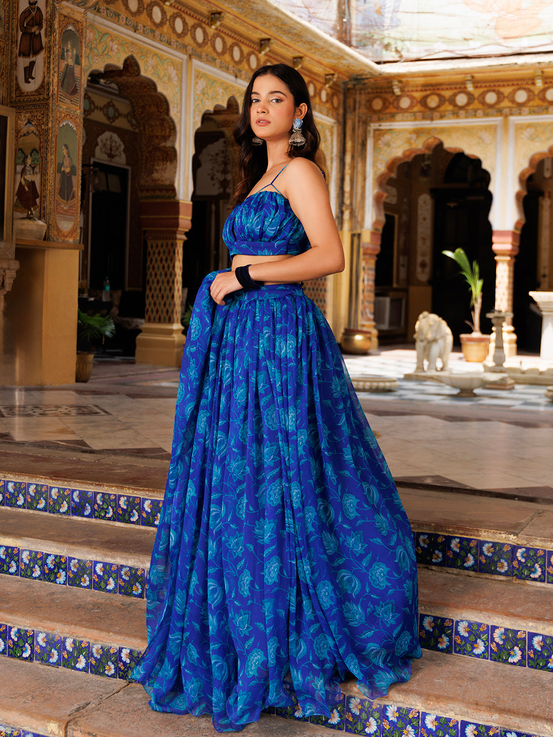 Lapis Blue Floral Printed Chiffon Lehenga Set - By Ragavi - qivii