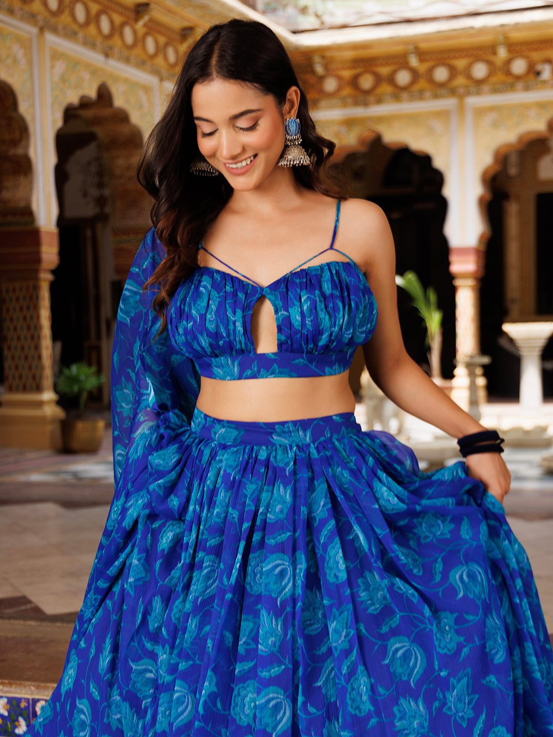 Lapis Blue Floral Printed Chiffon Lehenga Set - By Ragavi - qivii