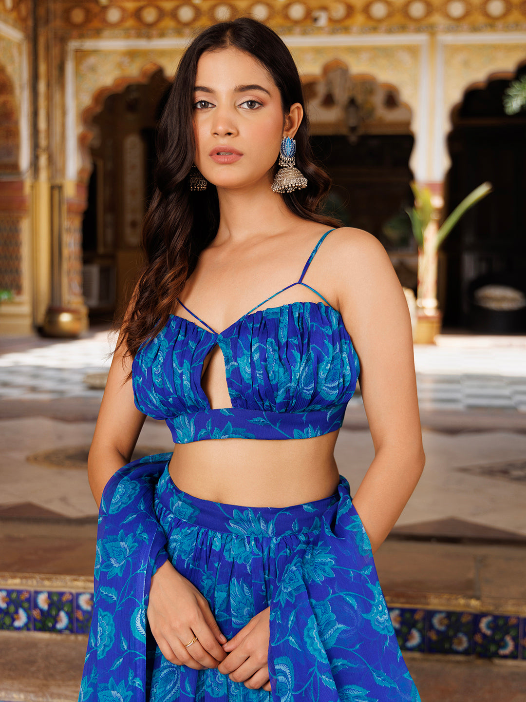 Lapis Blue Floral Printed Chiffon Lehenga Set - By Ragavi - qivii