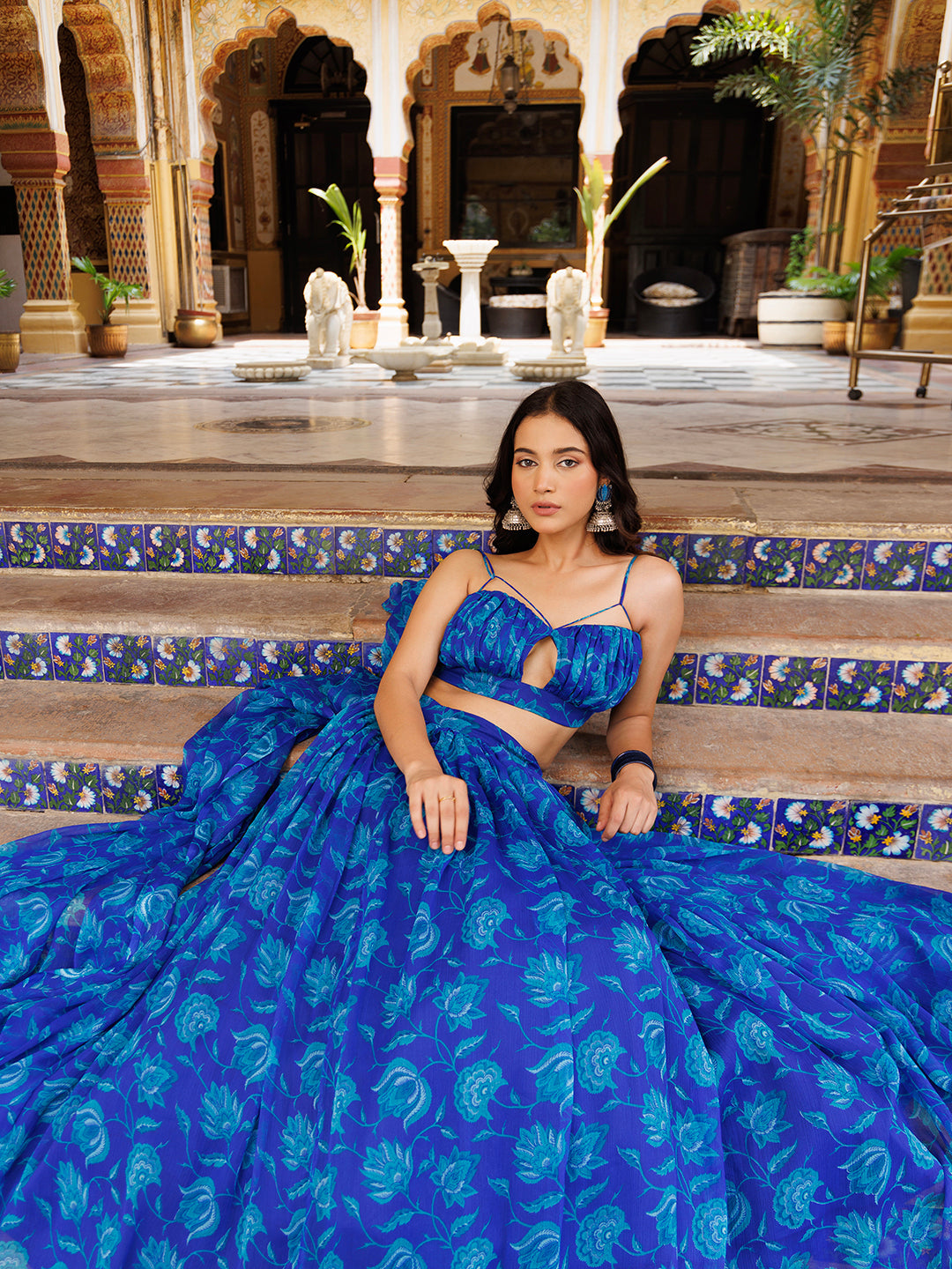 Lapis Blue Floral Printed Chiffon Lehenga Set - By Ragavi - qivii