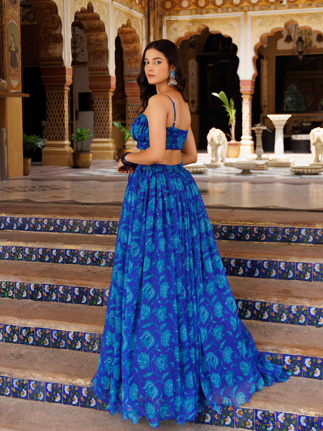 Lapis Blue Floral Printed Chiffon Lehenga Set - By Ragavi - qivii