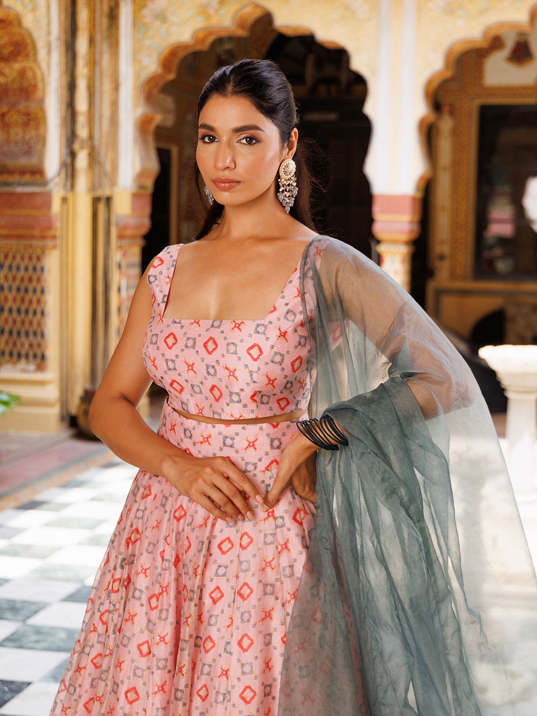 Seashell Pink Grey Chanderi Lehenga Set - By Ragavi - qivii