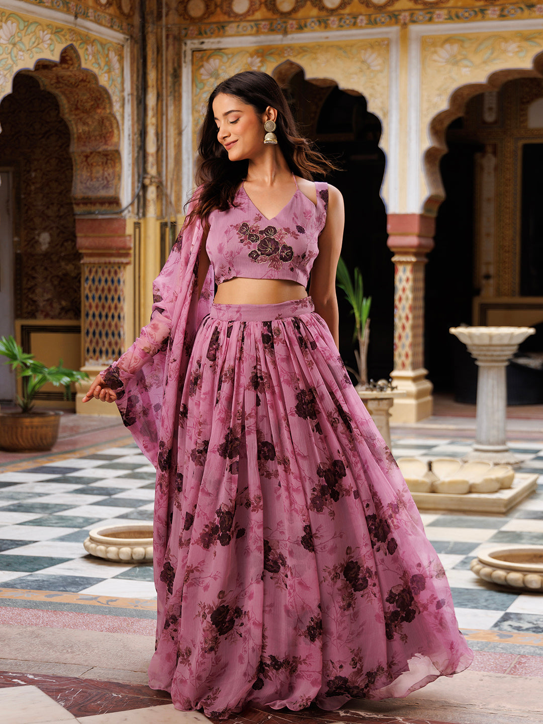 Mellow Mauve Floral Printed Chiffon Lehenga Set - By Ragavi - qivii